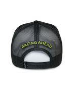 Alpinestars Exceed Trucker Hat, schwarze Trucker-Cap, Rückansicht mit Mesh-Einsätzen und Snapback-Verschluss, limonengrüne „RACING AHEAD“-Stickerei, lässige, vom Motorsport inspirierte Kopfbedeckung