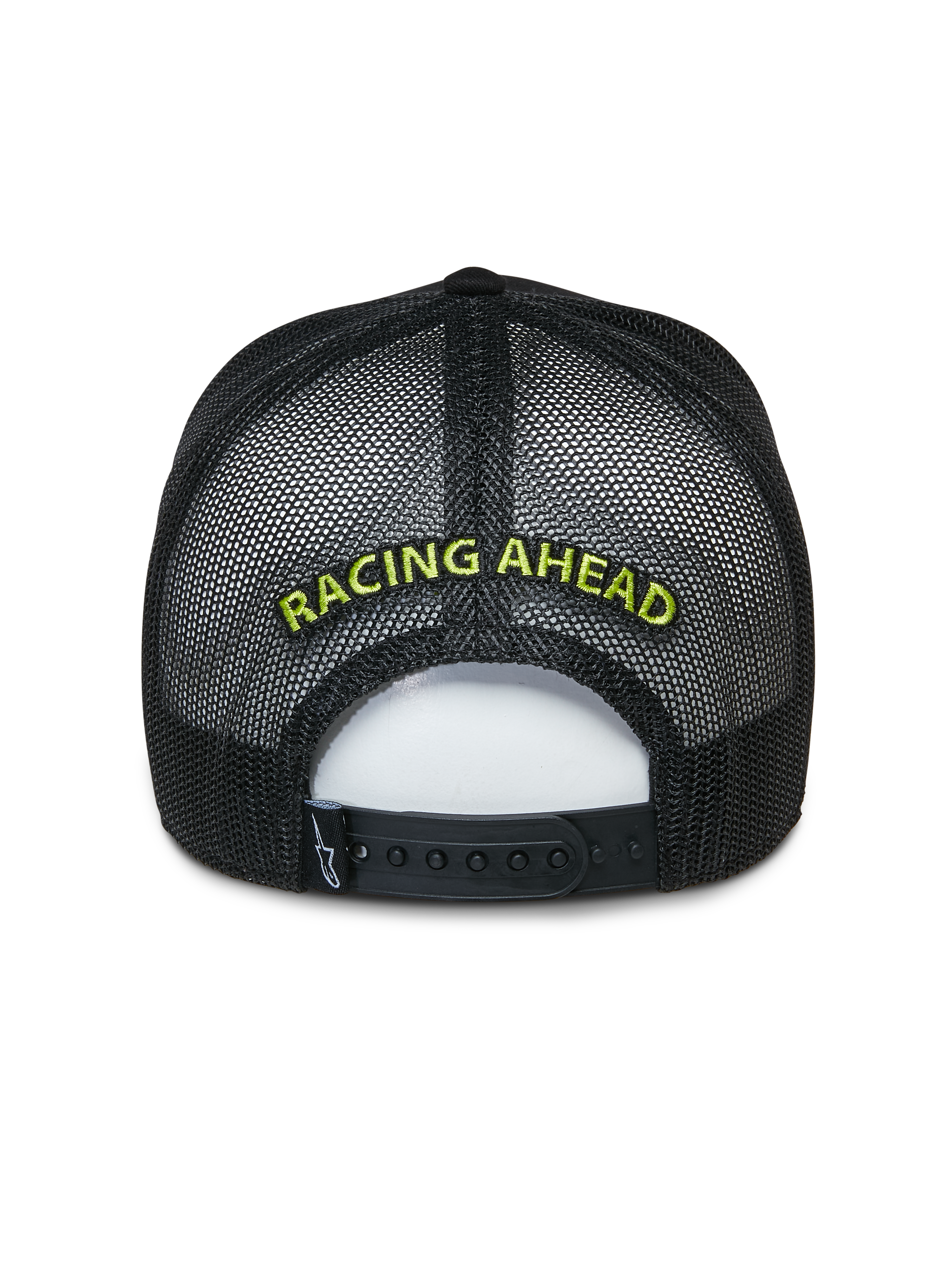 Alpinestars Exceed Trucker Hat, schwarze Trucker-Cap, Rückansicht mit Mesh-Einsätzen und Snapback-Verschluss, limonengrüne „RACING AHEAD“-Stickerei, lässige, vom Motorsport inspirierte Kopfbedeckung