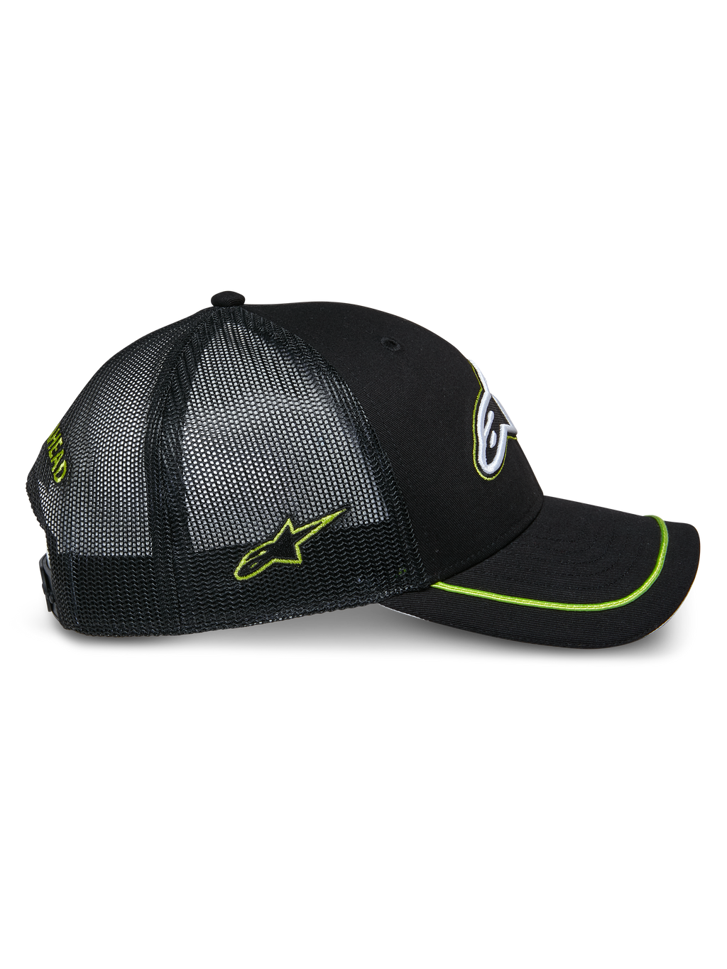 Alpinestars Exceed Trucker Mütze, Seitenansicht, Schwarz mit limettengrünen Akzenten, Mesh-Einsätze hinten, gebogener Schirm mit limettengrünem Sutache-Besatz, besticktes Seiten-Logo, lässige Motorsport-Kopfbedeckung
