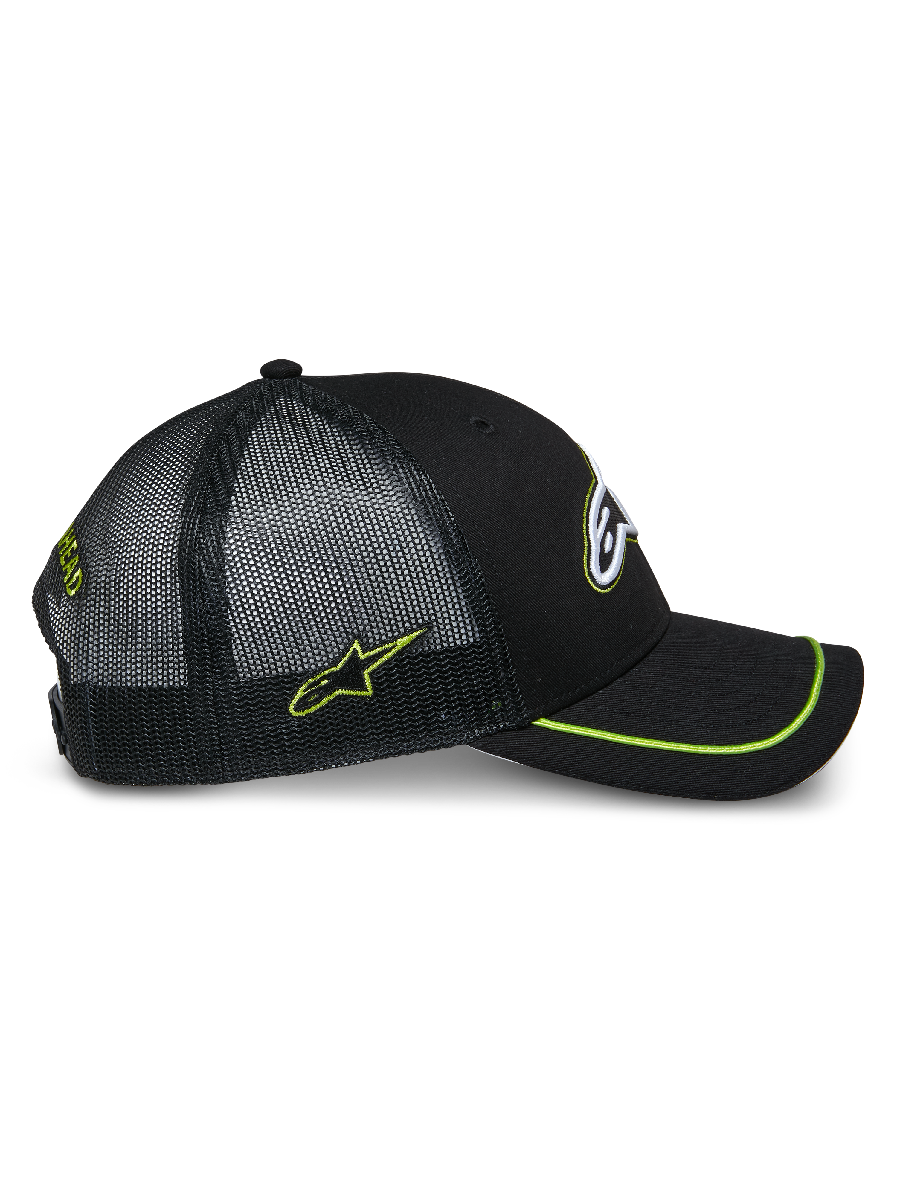 Alpinestars Exceed Trucker Mütze, Seitenansicht, Schwarz mit limettengrünen Akzenten, Mesh-Einsätze hinten, gebogener Schirm mit limettengrünem Sutache-Besatz, besticktes Seiten-Logo, lässige Motorsport-Kopfbedeckung