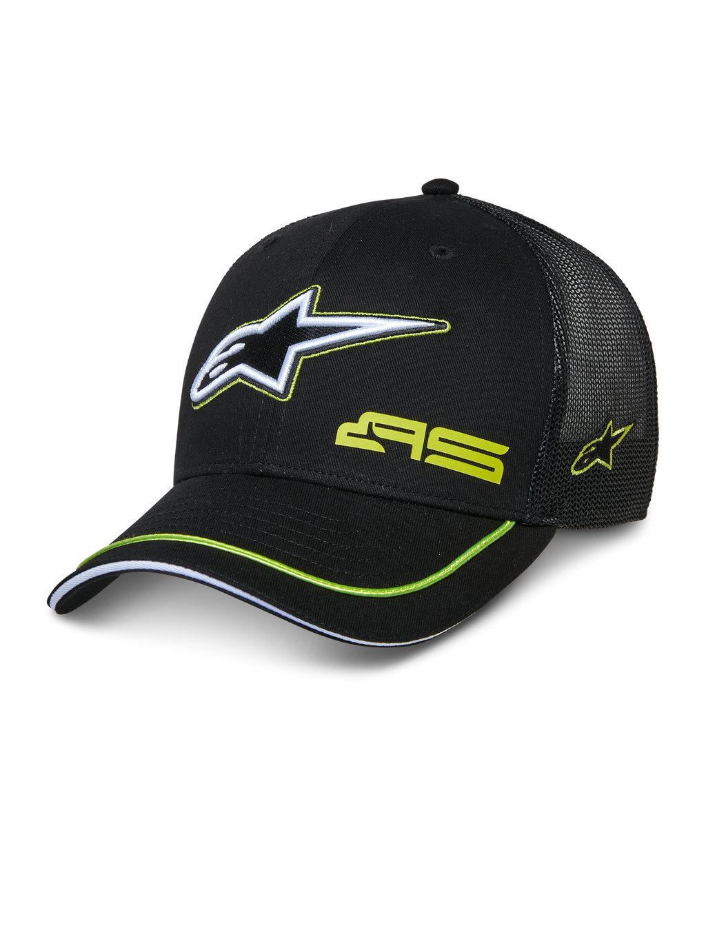 Alpinestars Exceed Trucker Hat, schwarze Trucker-Kappe mit strukturierter Front und Mesh-Rückseite, großes weißes und limettengrünes besticktes Astars-Logo, AS-Branding auf der Krone, gebogener Schirm mit limettengrünem Rand, lässige Motorsport-Kopfbedeckung