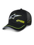 Alpinestars Exceed Trucker Hat, schwarze Trucker-Kappe mit strukturierter Front und Mesh-Rückseite, großes weißes und limettengrünes besticktes Astars-Logo, AS-Branding auf der Krone, gebogener Schirm mit limettengrünem Rand, lässige Motorsport-Kopfbedeckung