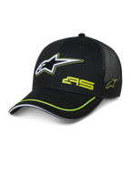 Alpinestars Exceed Trucker Hat, schwarze Trucker-Kappe mit strukturierter Front und Mesh-Rückseite, großes weißes und limettengrünes besticktes Astars-Logo, AS-Branding auf der Krone, gebogener Schirm mit limettengrünem Rand, lässige Motorsport-Kopfbedeckung
