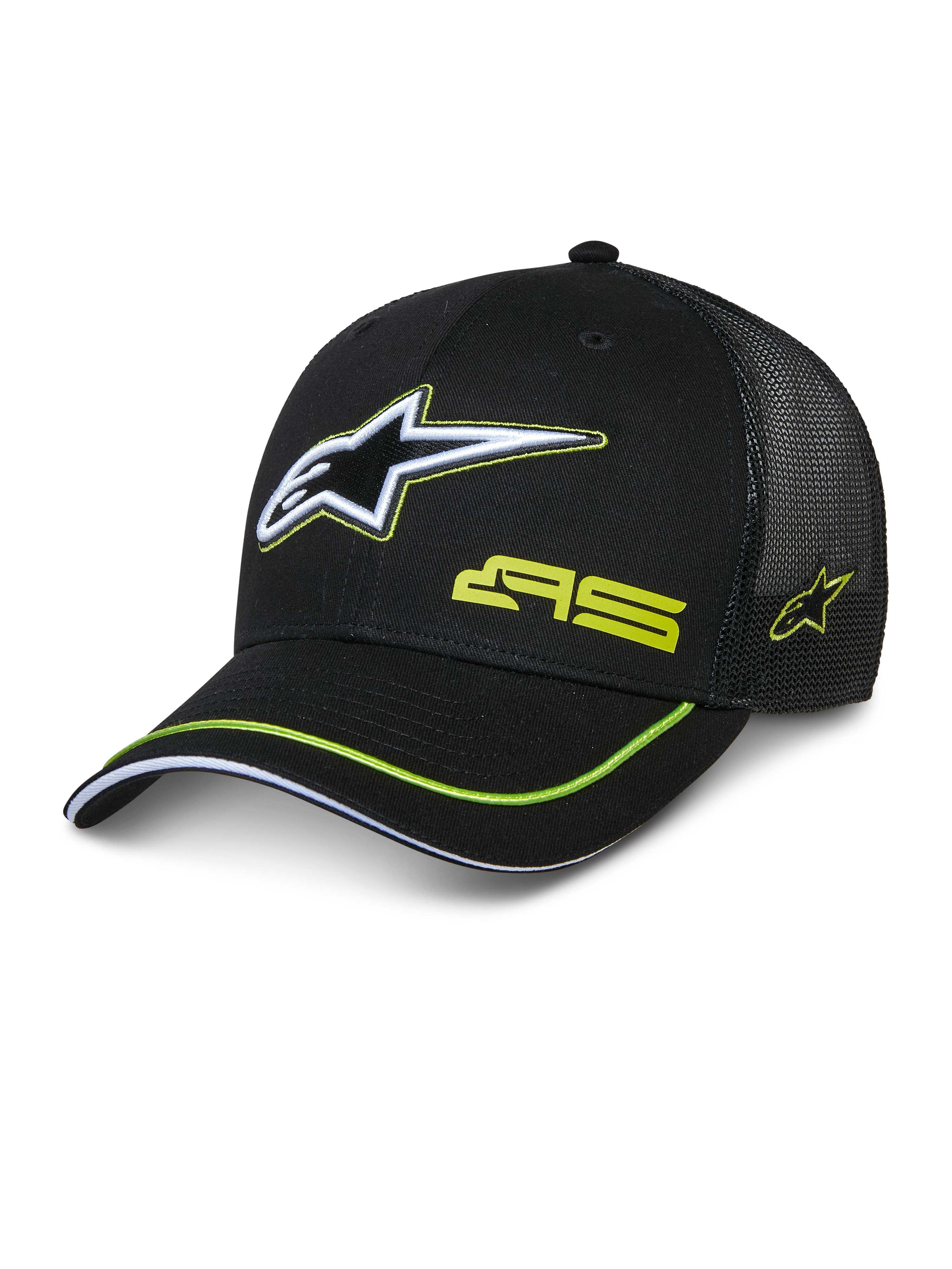 Alpinestars Exceed Trucker Hat, schwarze Trucker-Kappe mit strukturierter Front und Mesh-Rückseite, großes weißes und limettengrünes besticktes Astars-Logo, AS-Branding auf der Krone, gebogener Schirm mit limettengrünem Rand, lässige Motorsport-Kopfbedeckung