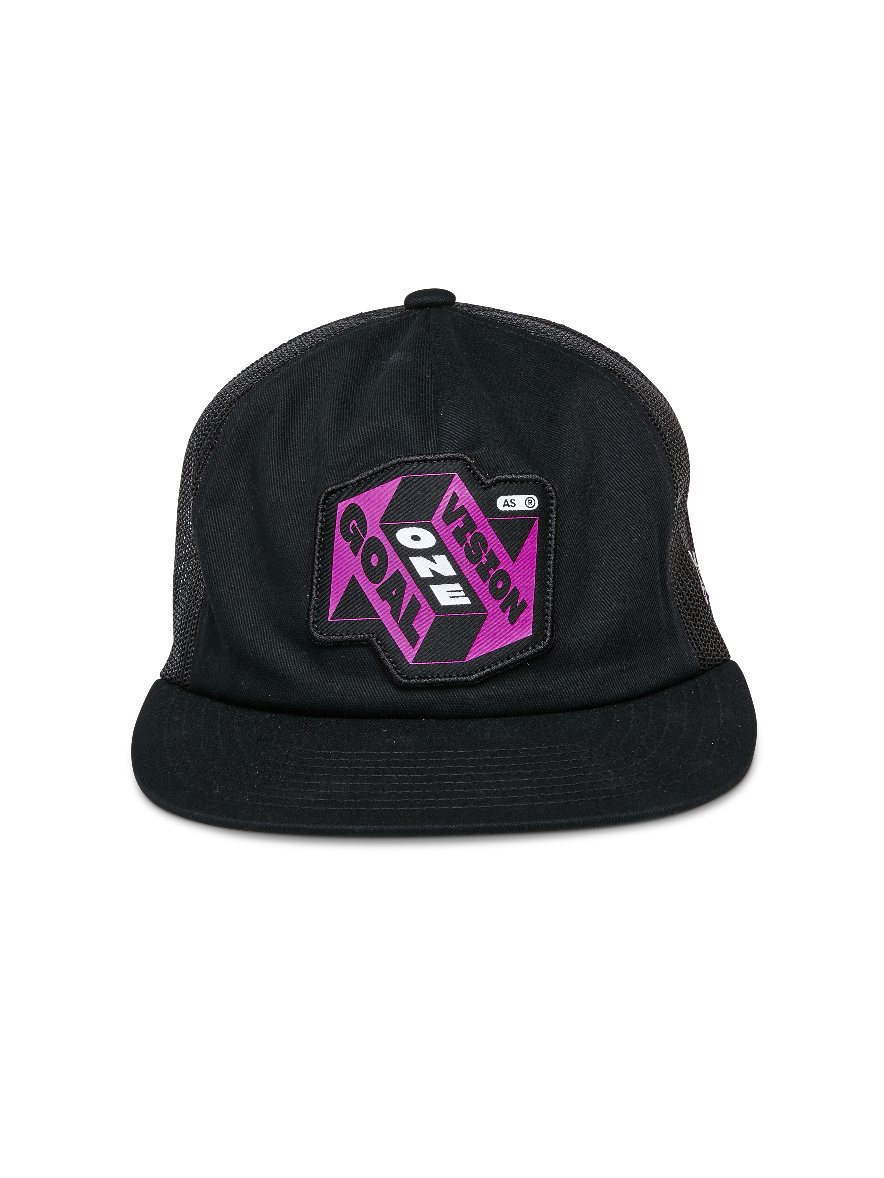 Alpinestars That Way Trucker Hat, schwarze Trucker-Kappe, lila-schwarzer Grafik-Patch mit „One Vision One Goal“-Schriftzug, flacher Schirm, strukturierte Krone und Mesh-Rückseite, lässige vom Motorsport inspirierte Kopfbedeckung