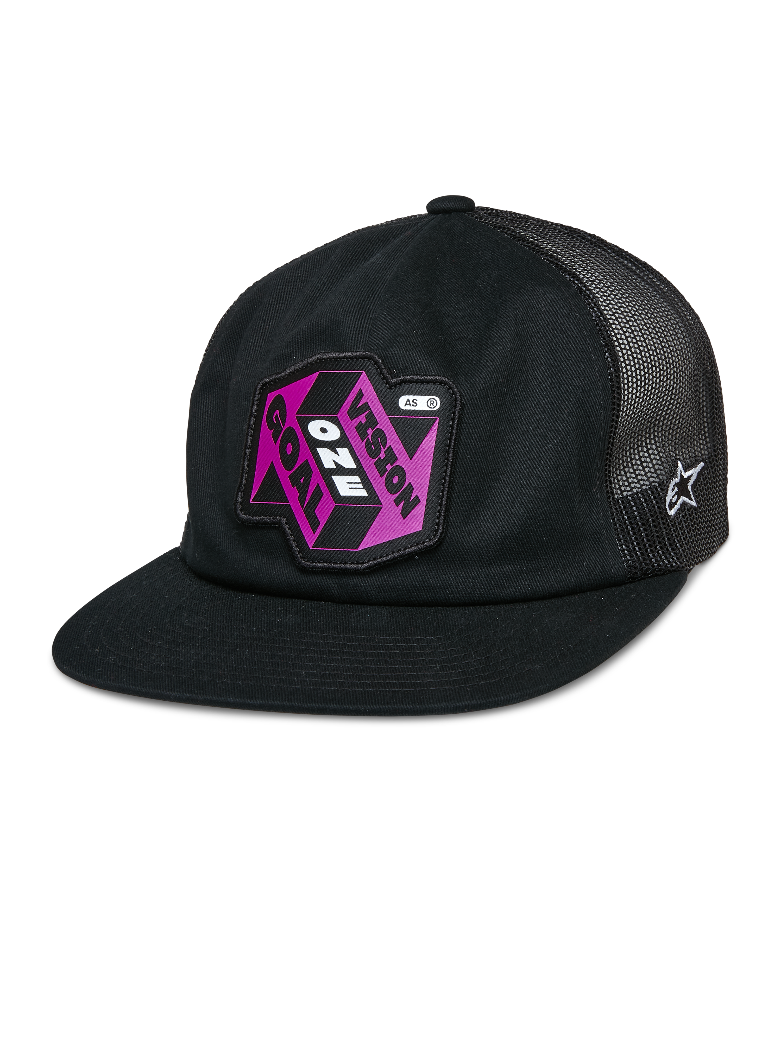 Alpinestars That Way Trucker Hat, schwarze Snapback-Kappe mit Mesh-Rückseite, flacher Schirm, rosa und lila „Vision One Goal“ Patch, weißes Alpinestars Stern-Logo, Freizeit-Sportbekleidung