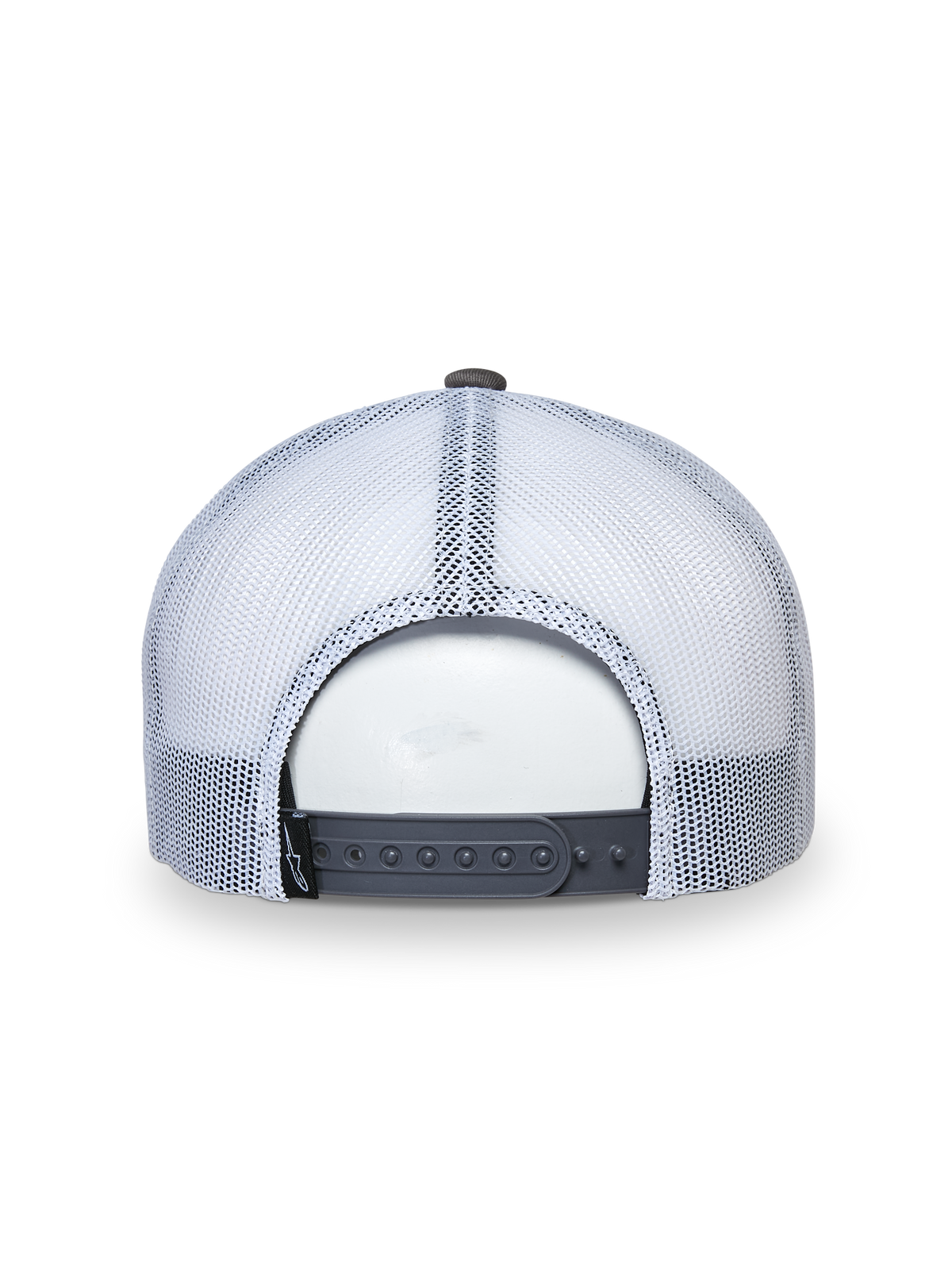Alpinestars That Way Trucker-Mütze, Trucker-Cap, Grau und Weiß, Rückansicht mit weißen Mesh-Einsätzen und grauem Snapback-Verschluss, verstellbare Passform, lässige Sport-Kopfbedeckung