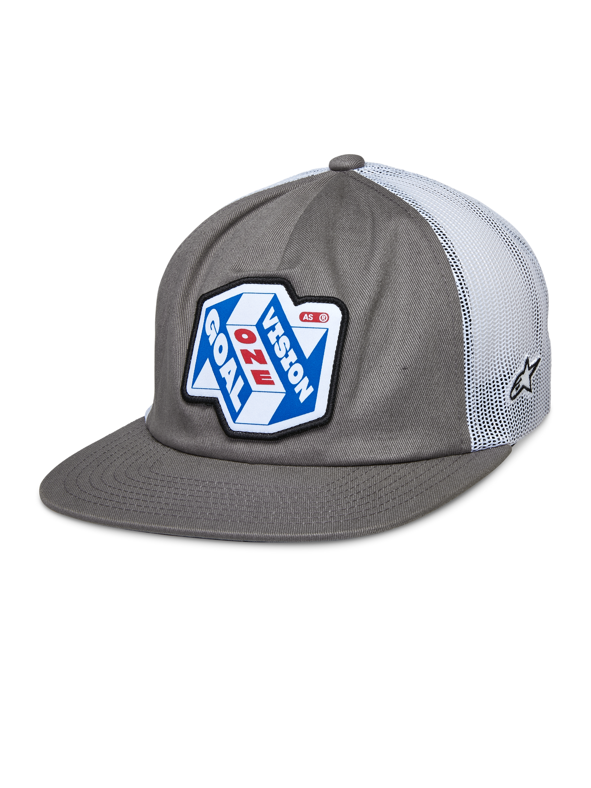 Alpinestars That Way Trucker Hat, grau-weiße Snapback-Kappe mit Mesh-Rückseite, blau-weißer Grafik-Patch mit „ONE GOAL VISION“-Schriftzug in Rot und Weiß, flacher Schirm, kleines Stern-Logo auf dem Mesh, lässiger Motorsport-Stil