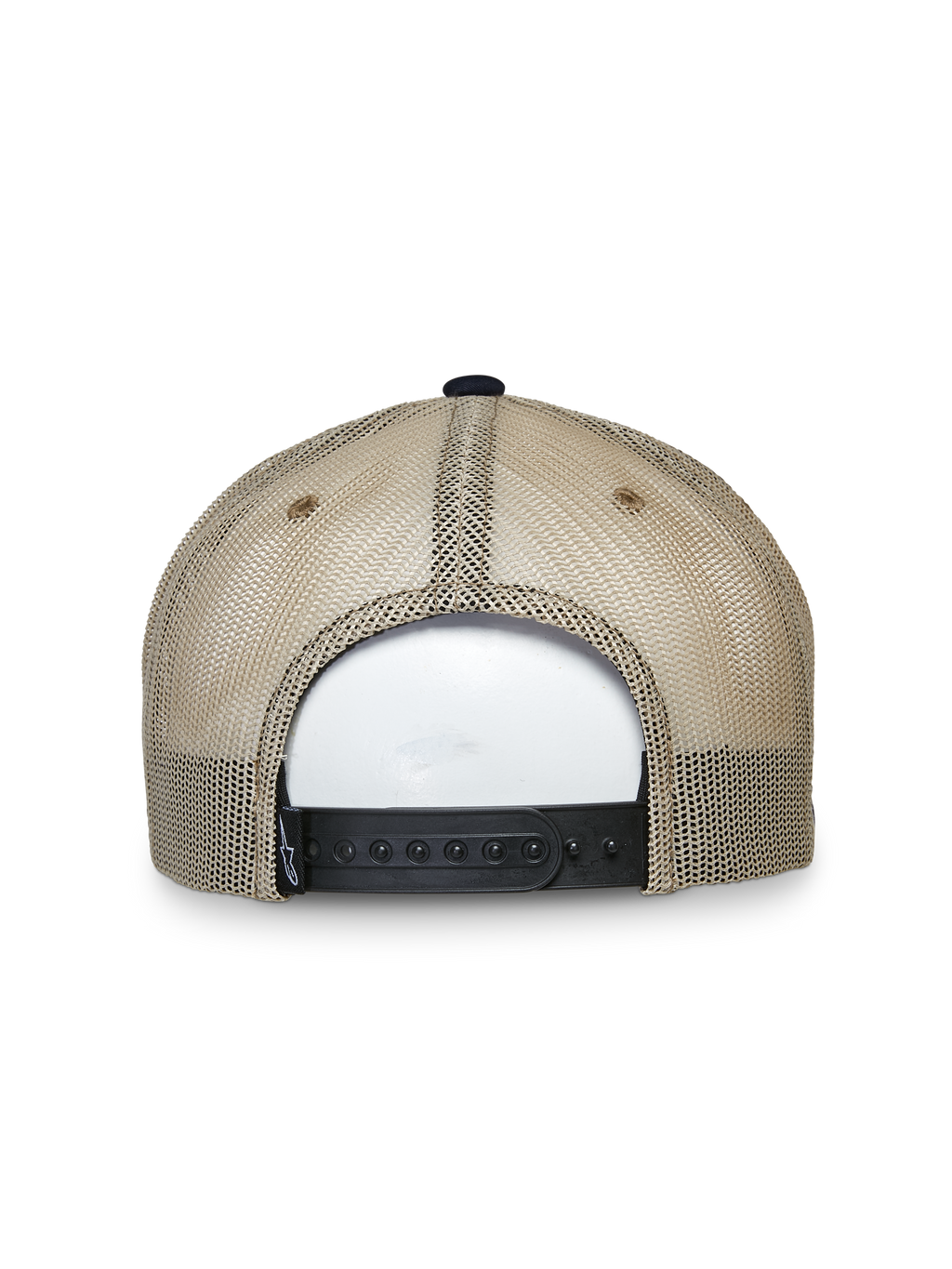 Alpinestars Mackinic Trucker-Mütze, Trucker-Mütze, Navy und Khaki, Rückansicht mit beigen Mesh-Einsätzen und schwarzem verstellbarem Snapback-Verschluss, lässige Lifestyle-Kopfbedeckung