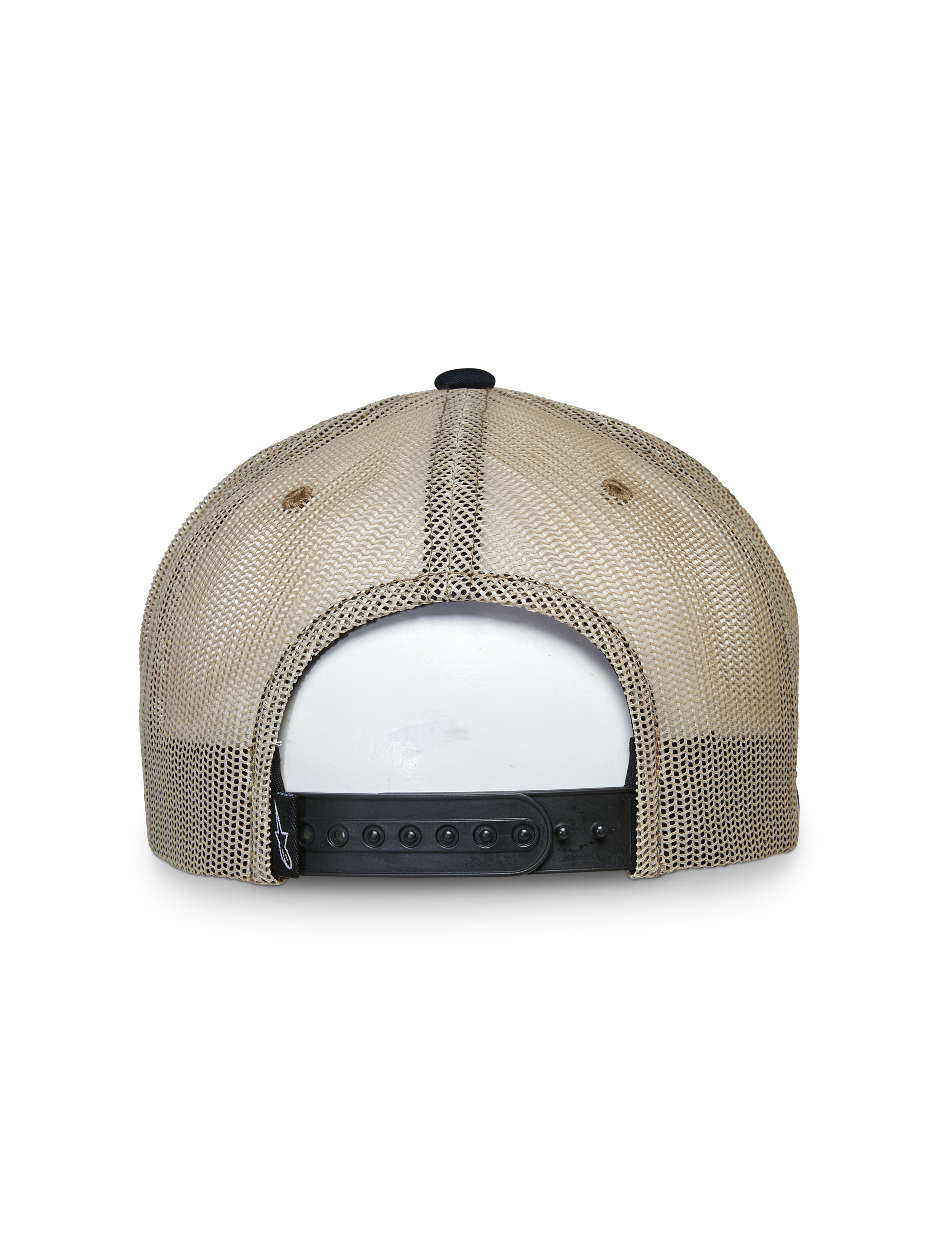 Alpinestars Mackinic Trucker-Mütze, Trucker-Mütze, Navy und Khaki, Rückansicht mit beigen Mesh-Einsätzen und schwarzem verstellbarem Snapback-Verschluss, lässige Lifestyle-Kopfbedeckung
