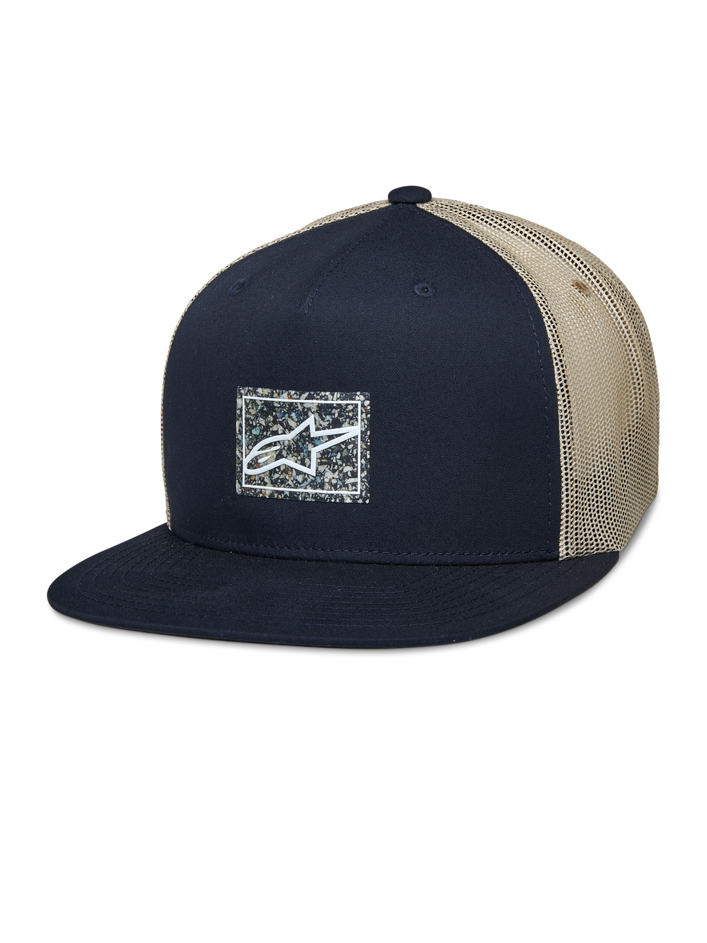 Alpinestars Mackinic Trucker Hat, Snapback-Cap mit flachem Schirm, Marineblau und Khaki Mesh, quadratischer Logo-Patch mit gesprenkeltem Hintergrund, lässige Lifestyle-Kopfbedeckung