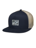 Alpinestars Mackinic Trucker Hat, Snapback-Cap mit flachem Schirm, Marineblau und Khaki Mesh, quadratischer Logo-Patch mit gesprenkeltem Hintergrund, lässige Lifestyle-Kopfbedeckung