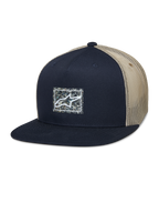 Alpinestars Mackinic Trucker Hat, Snapback-Cap mit flachem Schirm, Marineblau und Khaki Mesh, quadratischer Logo-Patch mit gesprenkeltem Hintergrund, lässige Lifestyle-Kopfbedeckung