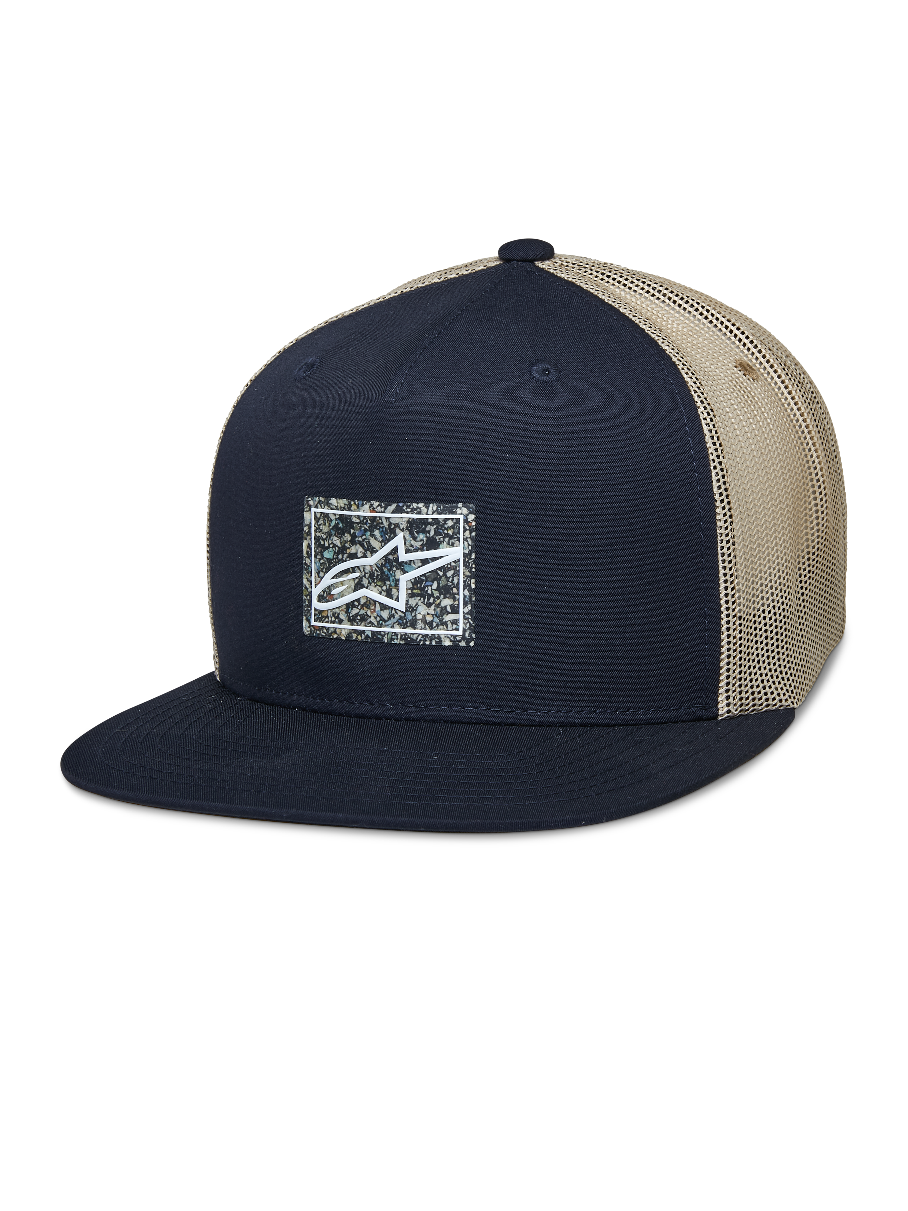 Alpinestars Mackinic Trucker Hat, Snapback-Cap mit flachem Schirm, Marineblau und Khaki Mesh, quadratischer Logo-Patch mit gesprenkeltem Hintergrund, lässige Lifestyle-Kopfbedeckung