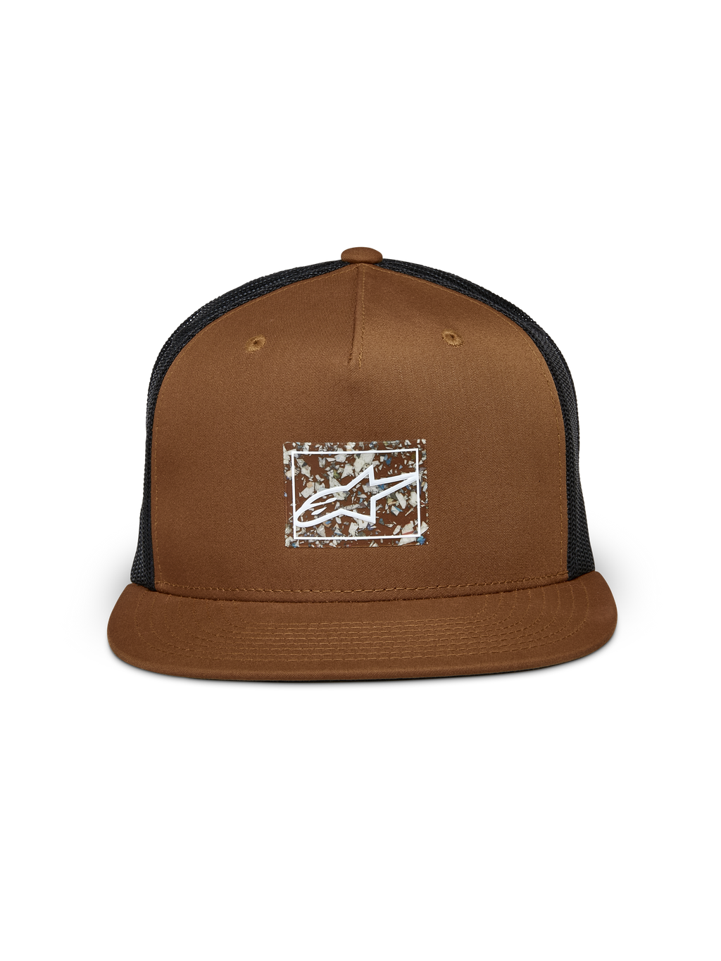 Alpinestars Mackinic Trucker-Mütze, Braun und Schwarz, flacher Schirm mit strukturierter Krone, Logo aus recyceltem Papier-TPU auf der Vorderseite, schwarze Mesh-Rückseite, lässiges Sport-Accessoire