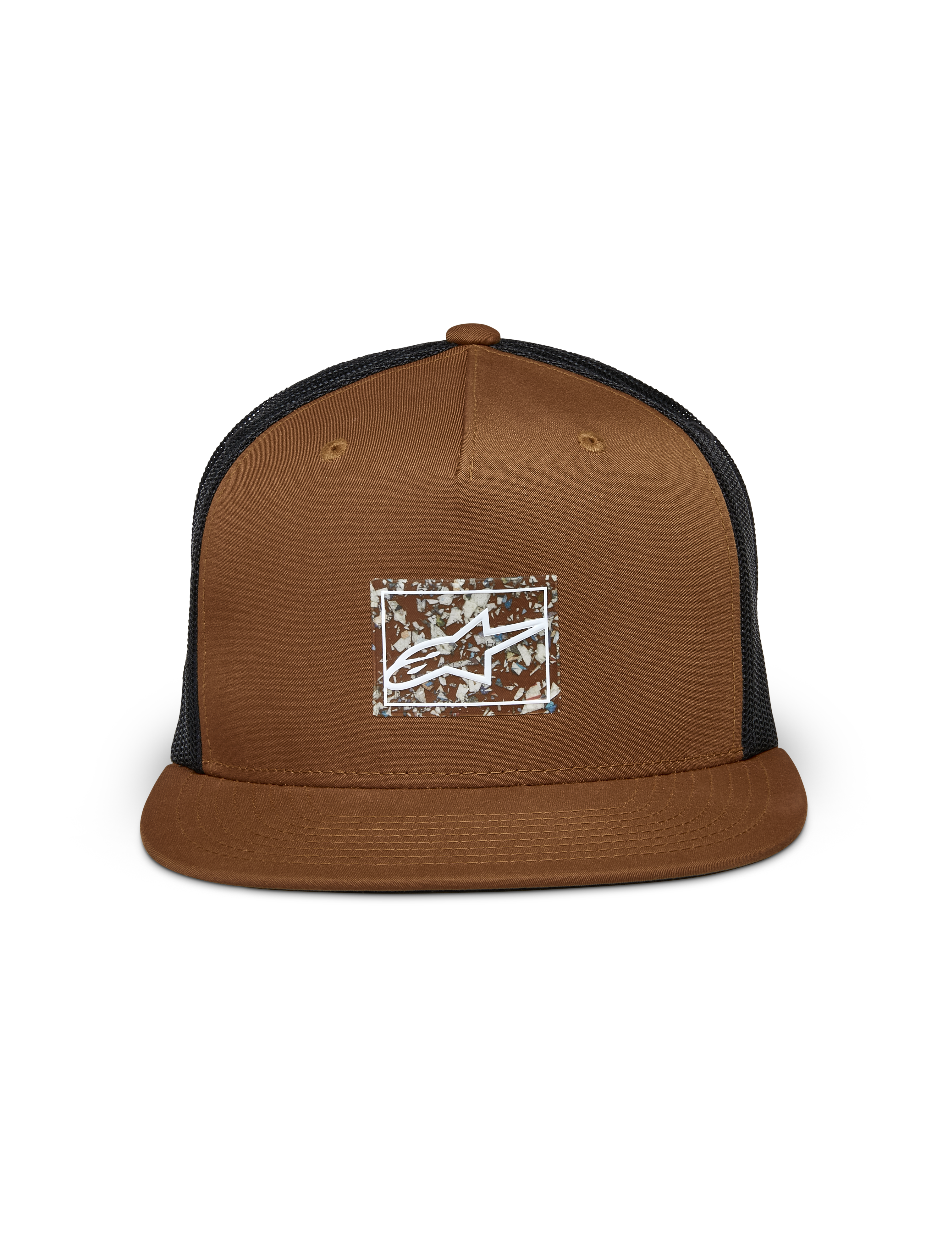 Alpinestars Mackinic Trucker-Mütze, Braun und Schwarz, flacher Schirm mit strukturierter Krone, Logo aus recyceltem Papier-TPU auf der Vorderseite, schwarze Mesh-Rückseite, lässiges Sport-Accessoire