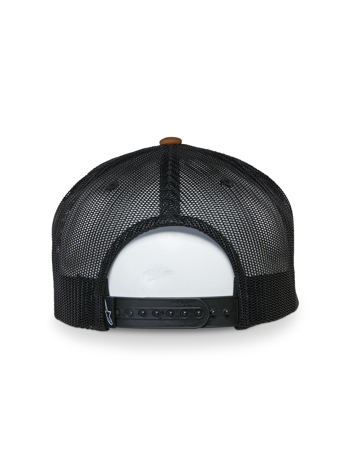 Alpinestars Mackinic Trucker-Mütze, Rückansicht, schwarze Mesh-Einsätze mit braunem Knopf oben, verstellbarer Snapback-Verschluss, lässiges Sportbekleidungs-Accessoire
