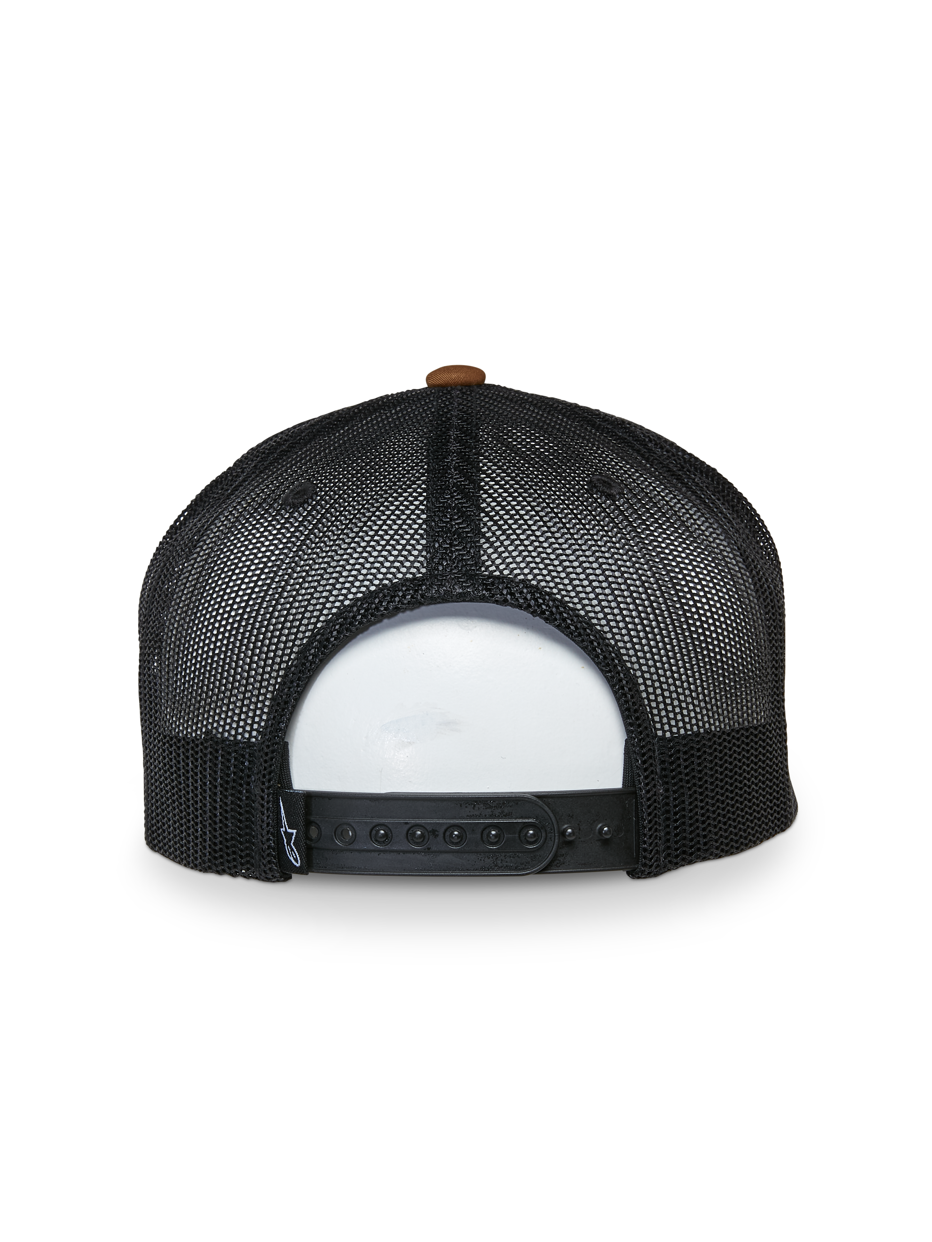 Alpinestars Mackinic Trucker-Mütze, Rückansicht, schwarze Mesh-Einsätze mit braunem Knopf oben, verstellbarer Snapback-Verschluss, lässiges Sportbekleidungs-Accessoire