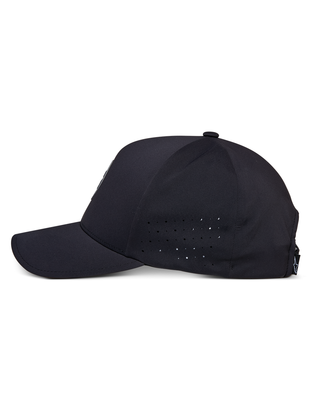 Alpinestars Apex Hat, Schwarz, Seitenansicht, gebogener Schirm mit strukturierter Krone, Perforation an den Seitenpaneelen für Atmungsaktivität, feuchtigkeitsableitendes technisches Gewebe, lässige Performance-Sportbekleidung
