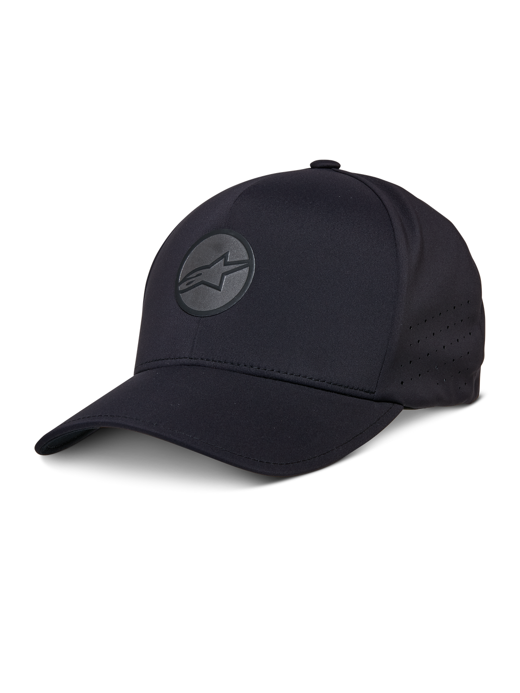 Alpinestars Apex Kappe, schwarze Baseball-Kappe, gebogener Schirm, reflektierendes kreisförmiges Stern-Logo, perforierte Seitenpaneele zur Belüftung, Performance-Sportbekleidung Kopfbedeckung
