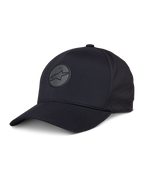 Alpinestars Apex Kappe, schwarze Baseball-Kappe, gebogener Schirm, reflektierendes kreisförmiges Stern-Logo, perforierte Seitenpaneele zur Belüftung, Performance-Sportbekleidung Kopfbedeckung