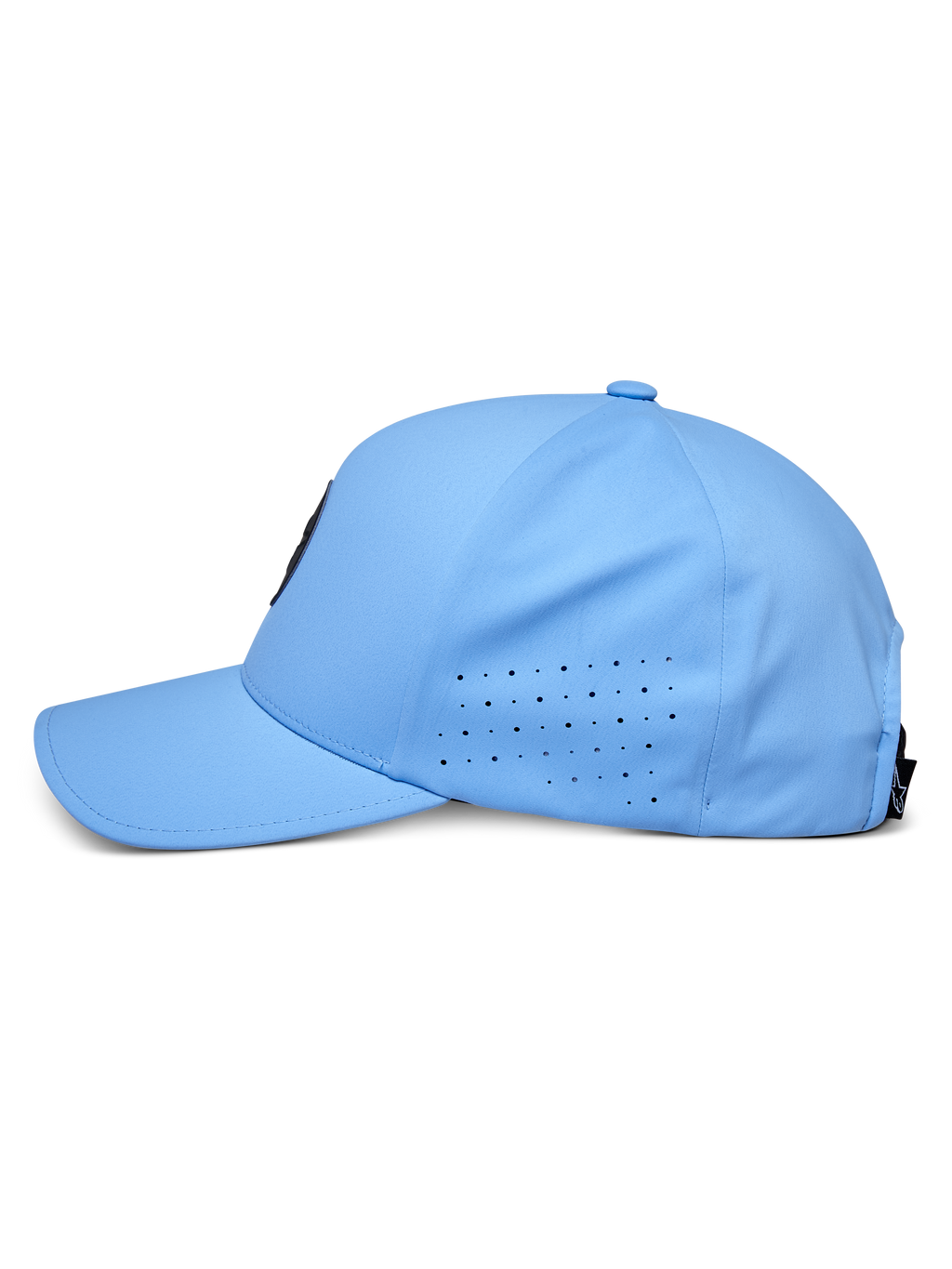 Alpinestars Apex Mütze, Blau, Seitenprofil, gebogener Schirm mit perforierten Seitenpaneelen zur Belüftung, technisches feuchtigkeitsableitendes Gewebe, Performance-Kopfbedeckung im Motorsport-Design