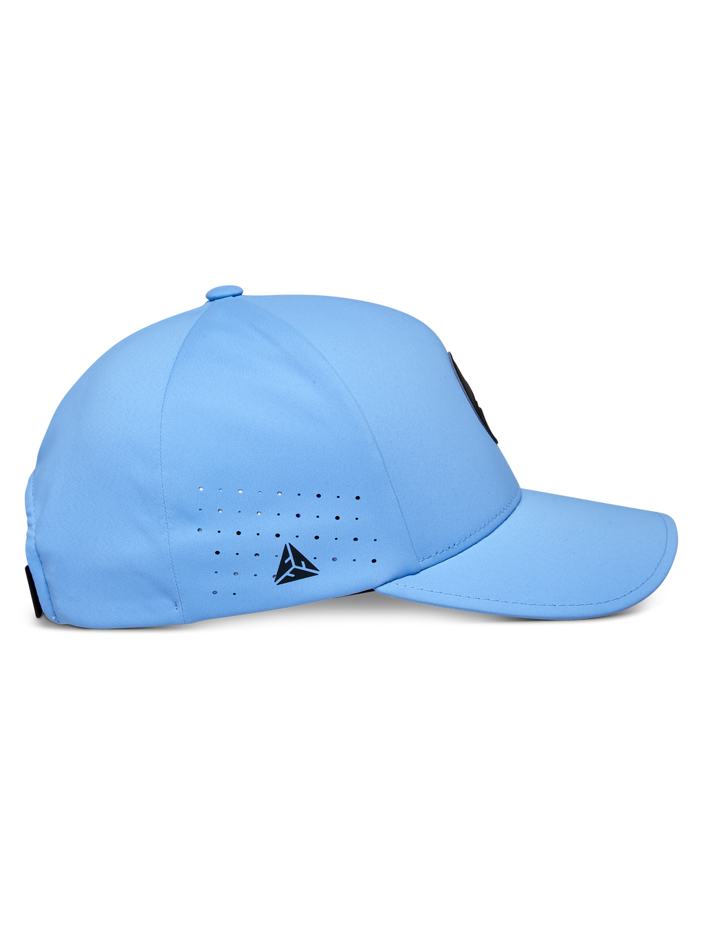 Alpinestars Apex Mütze, Blau, technische Baseball-Cap, Seitenprofil mit gebogenem Schirm und strukturierter Krone, lasergeschnittene Belüftungslöcher mit kleinem schwarzen Dreieckslogo, modernes feuchtigkeitsableitendes Material