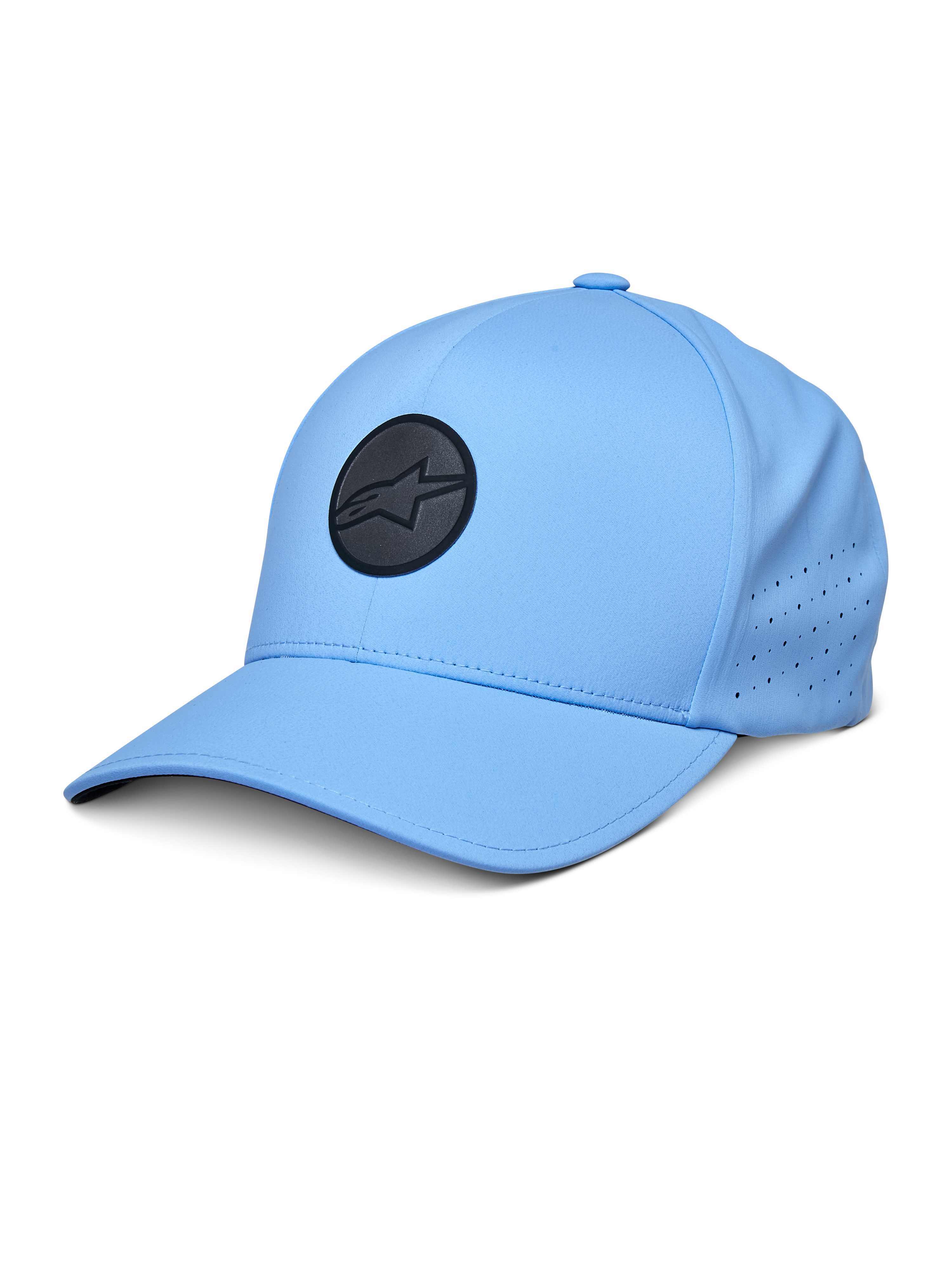 Alpinestars Apex Hat, blaue Baseball-Kappe, mit schwarzem rundem Logo, perforierten Seitenpaneelen zur Belüftung, gebogenem Schirm, Performance-Sportbekleidung
