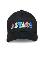 Alpinestars Cereal Mütze, Schwarze Baseballkappe, Buntes ASTARS Sticklogo auf der Vorderseite, Strukturierte Krone mit gebogenem Schirm, Lässige Motorsport-Sportbekleidung