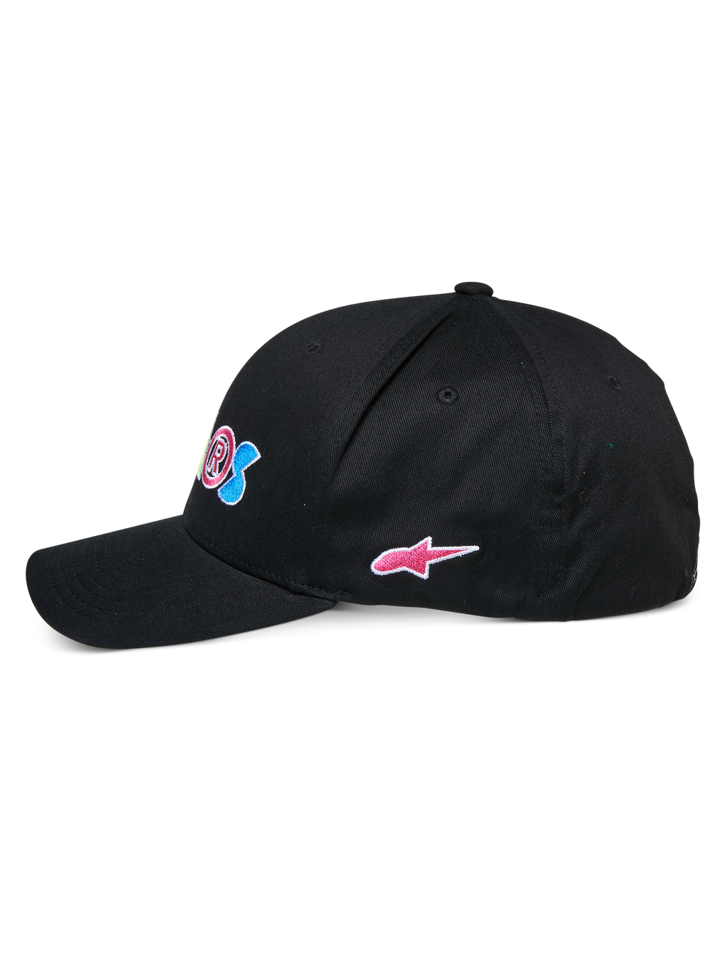 Alpinestars Cereal Cap, schwarze Baseballkappe, Seitenansicht, gebogener Schirm mit strukturierter Krone, farbenfrohe Stickerei vorne und pinkes Alpinestars Stern-Logo an der Seite, lässige Sport-Kopfbedeckung