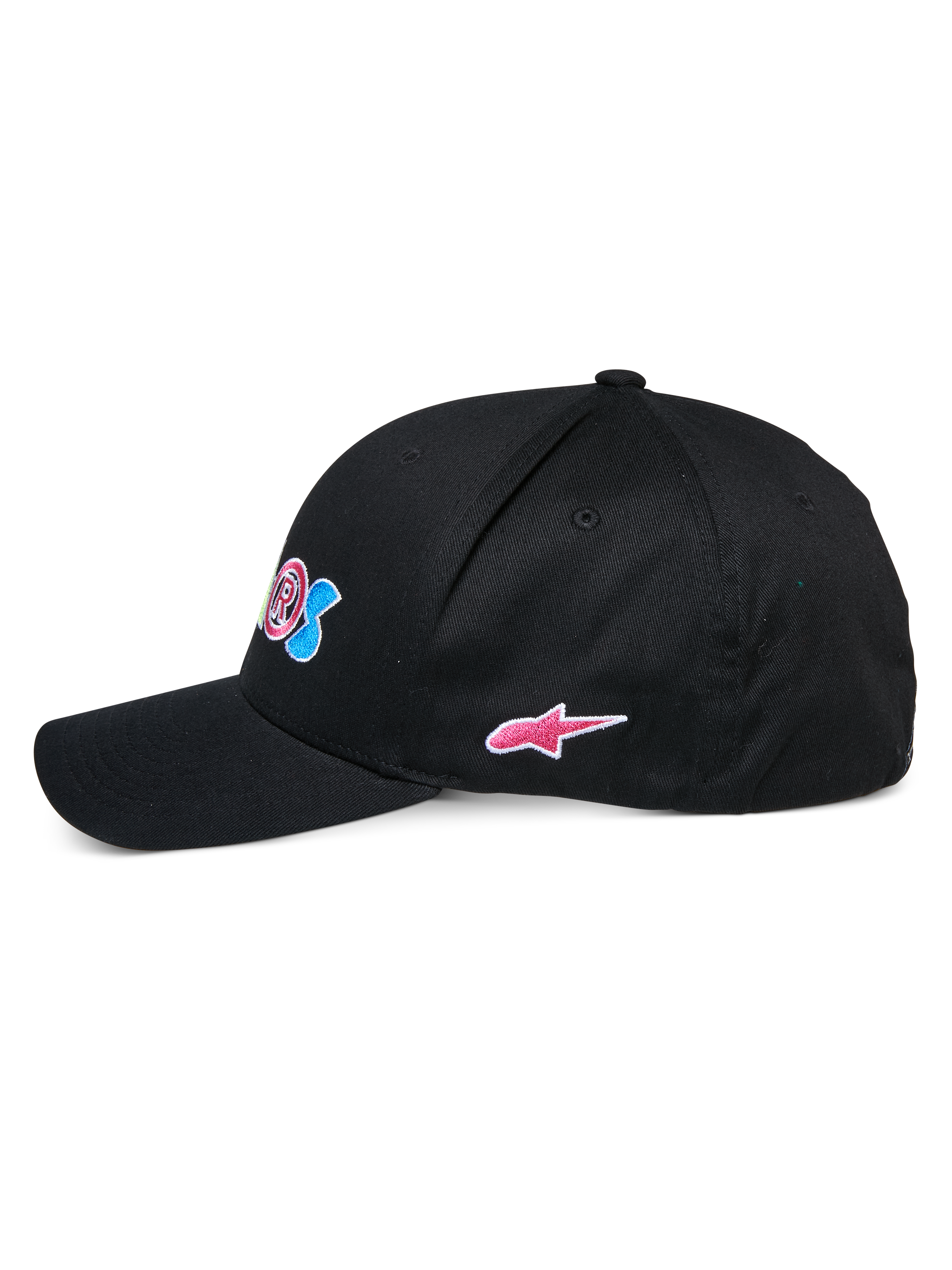 Alpinestars Cereal Cap, schwarze Baseballkappe, Seitenansicht, gebogener Schirm mit strukturierter Krone, farbenfrohe Stickerei vorne und pinkes Alpinestars Stern-Logo an der Seite, lässige Sport-Kopfbedeckung
