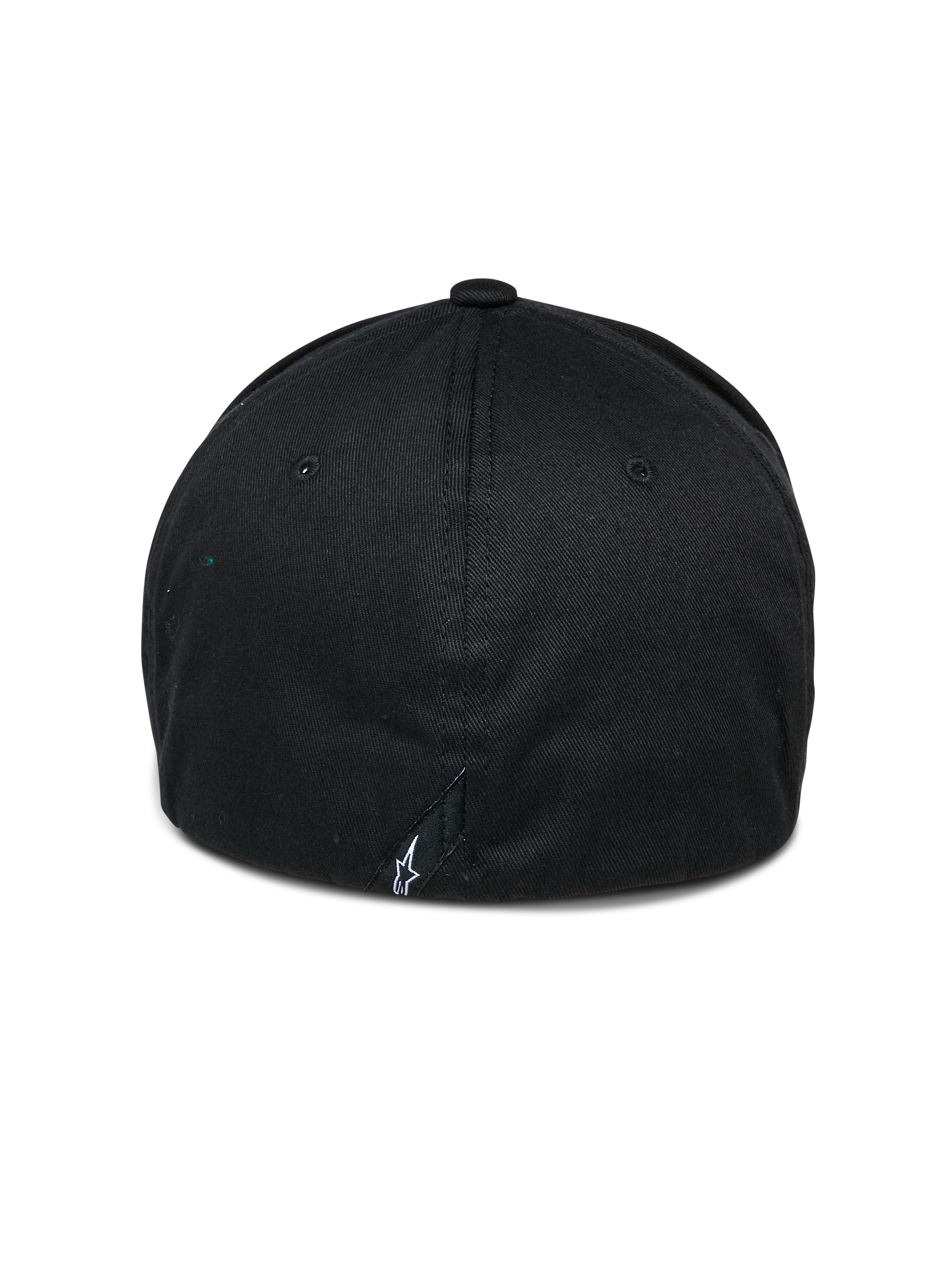 Alpinestars Cereal Mütze, schwarze Baseballkappe, Rückansicht mit Flex-Rückseite und kleinem weißem Sticklogo am unteren Rand, legere Sport-Kopfbedeckung