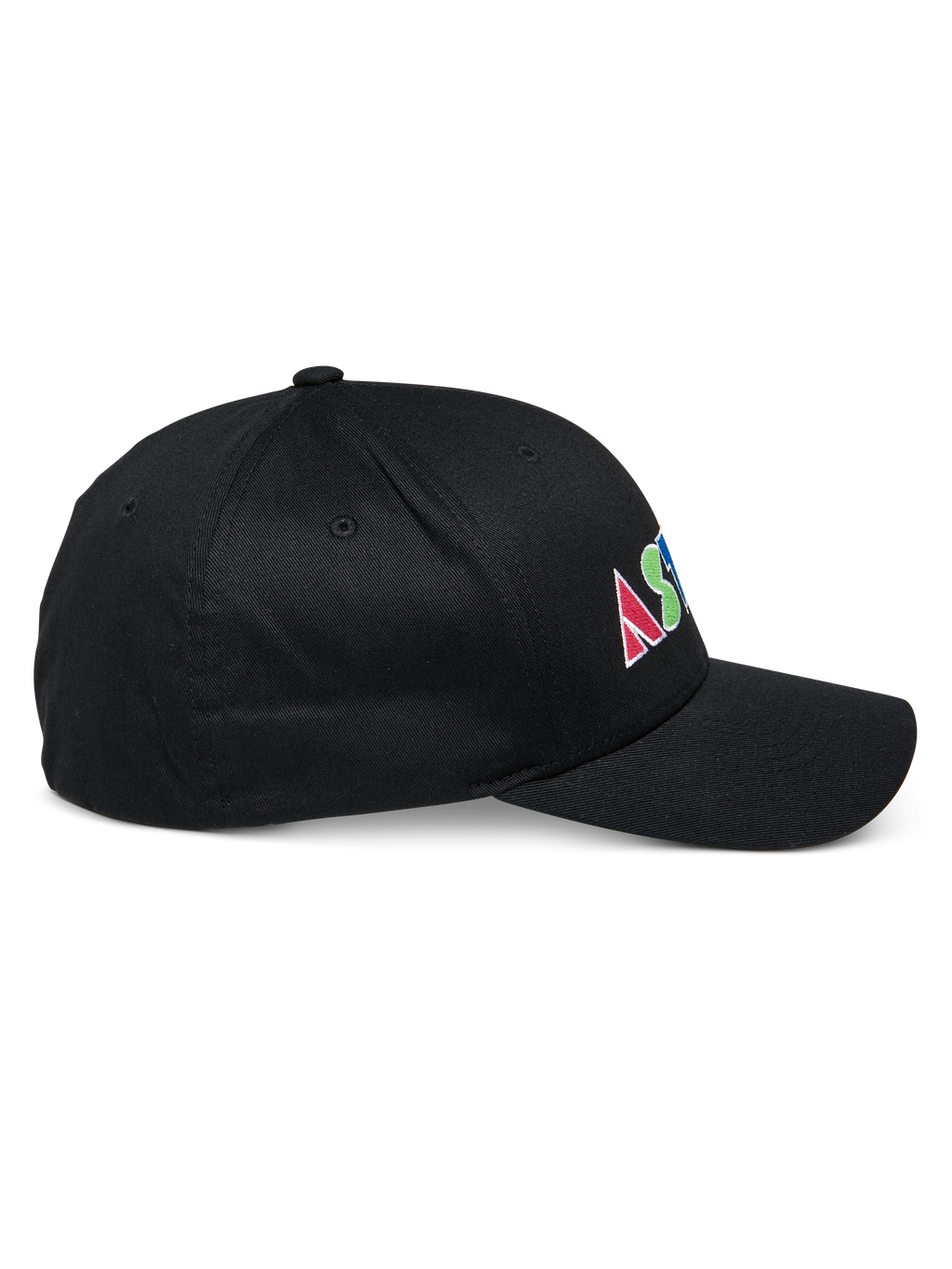 Alpinestars Cereal Cap, schwarze strukturierte Baseballkappe, Seitenansicht, farbenfrohes flaches Sticklogo an der Seite mit geometrischen Buchstaben, gebogener Schirm, lässiges Sportdesign