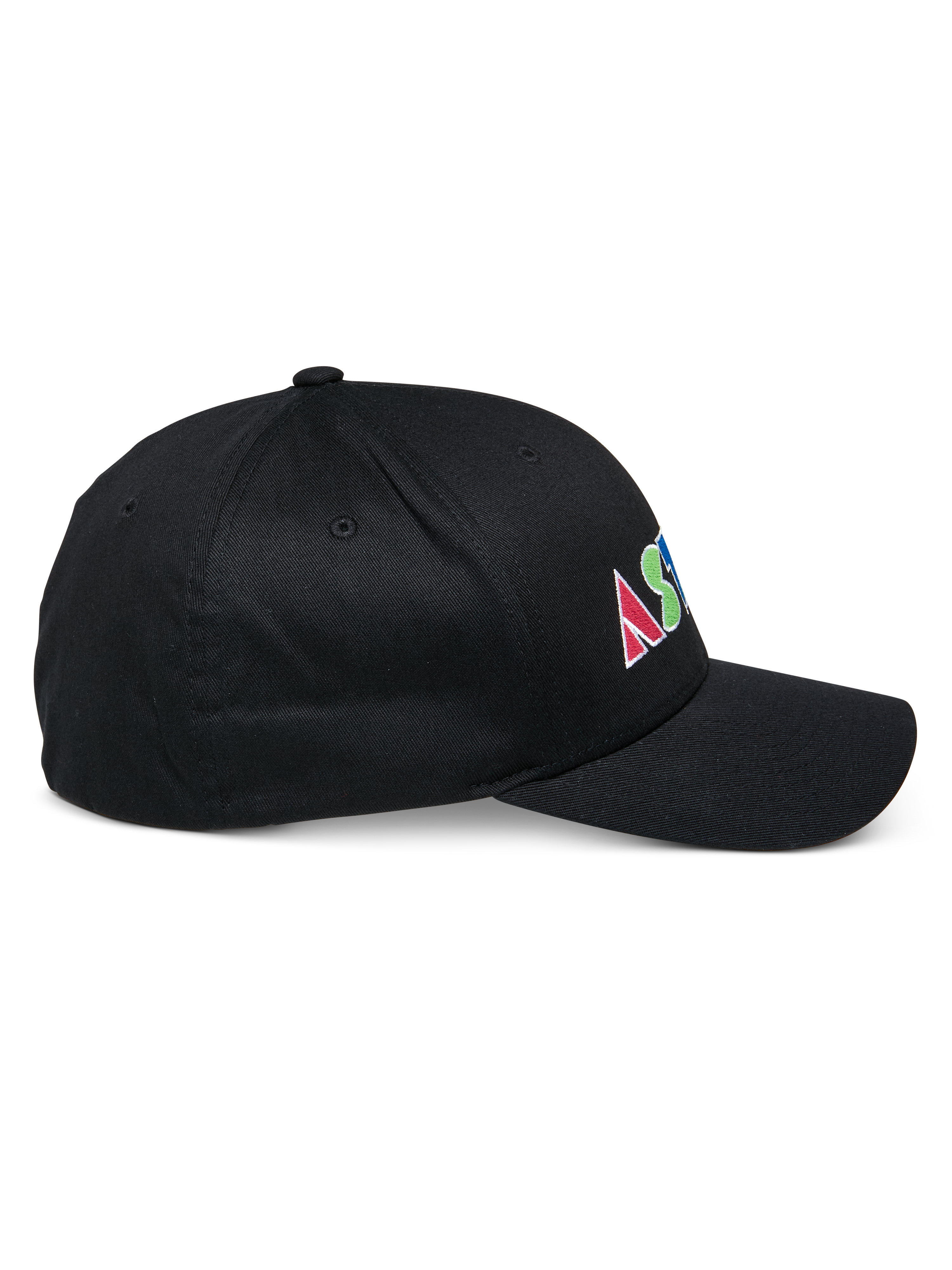 Alpinestars Cereal Cap, schwarze strukturierte Baseballkappe, Seitenansicht, farbenfrohes flaches Sticklogo an der Seite mit geometrischen Buchstaben, gebogener Schirm, lässiges Sportdesign