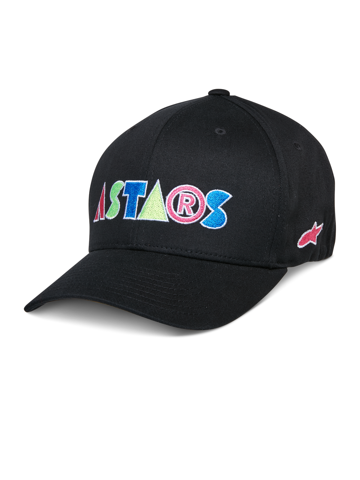 Alpinestars Cereal Hat, Black Baseball Cap, featuring colorful ASTARS embroidered letters, red, blue, pink, and green lettering, curved brim, casual lifestyle headwear