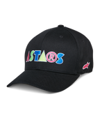 Alpinestars Cereal Hat, Schwarze Baseball-Cap, Bunte gestickte ASTARS-Buchstaben in Rot, Blau, Pink und Grün, Gebogener Schirm, Lässige Lifestyle-Kopfbedeckung