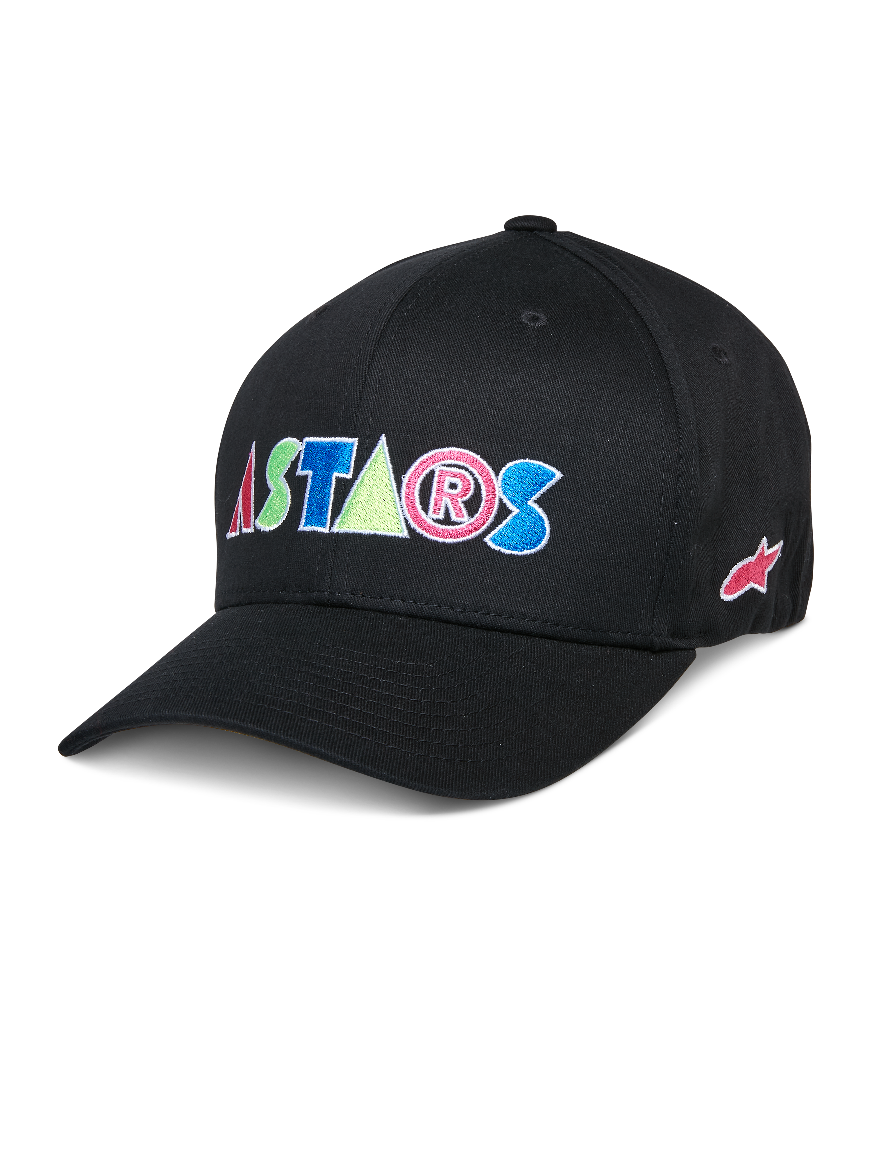 Alpinestars Cereal Hat, Schwarze Baseball-Cap, Bunte gestickte ASTARS-Buchstaben in Rot, Blau, Pink und Grün, Gebogener Schirm, Lässige Lifestyle-Kopfbedeckung