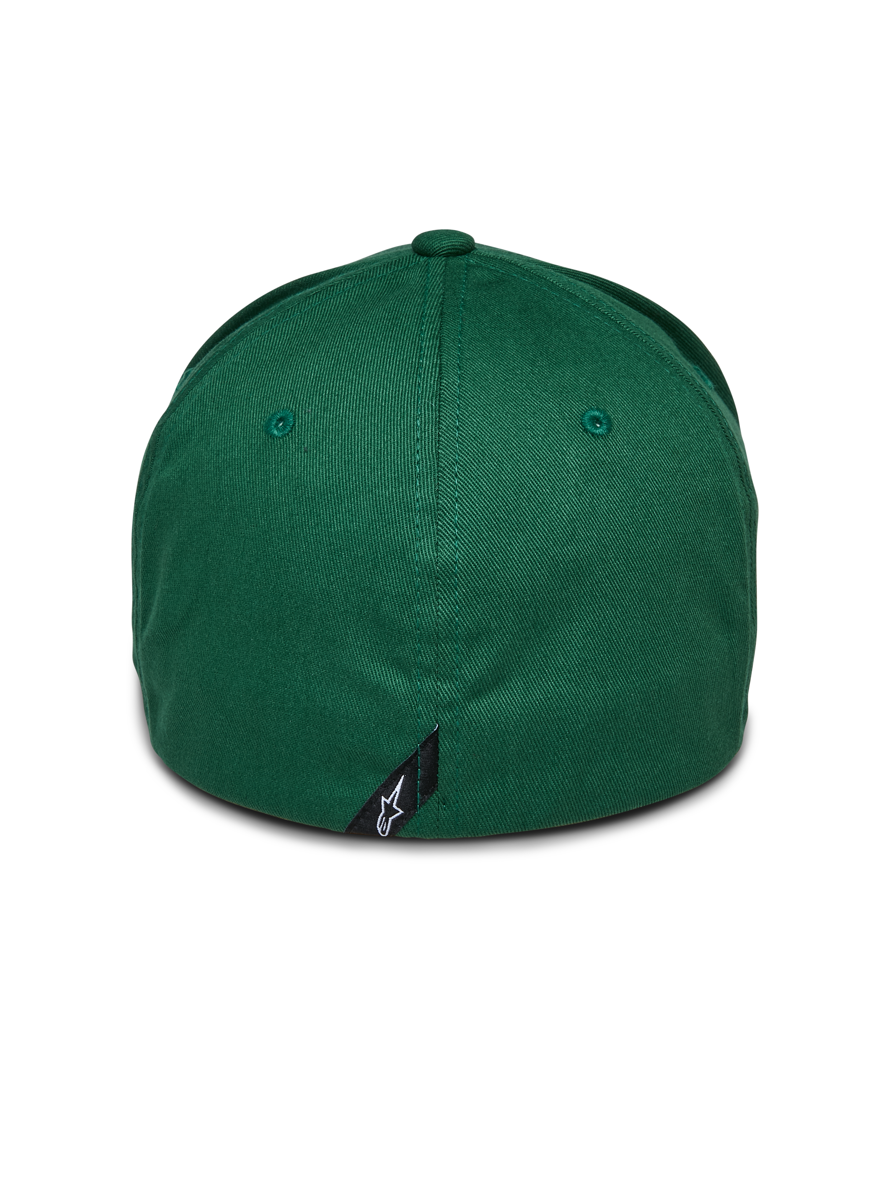Alpinestars Cereal Hat, Green, back view of flex-back baseball cap, featuring a small black Alpinestars logo tag on the rear seam, structured crown in stretch twill fabric