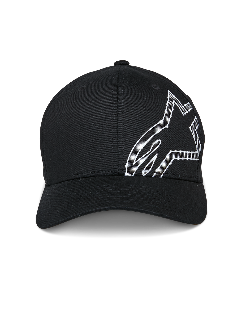 Alpinestars Share Mütze, Baseball-Cap, Schwarz, mit großem weißem HD-Puffdruck Astars-Logoumriss an der Seite, gebogener Schirm, strukturierte Krone, lässige motorsport-inspirierte Sportbekleidung