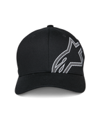 Alpinestars Share Mütze, Baseball-Cap, Schwarz, mit großem weißem HD-Puffdruck Astars-Logoumriss an der Seite, gebogener Schirm, strukturierte Krone, lässige motorsport-inspirierte Sportbekleidung