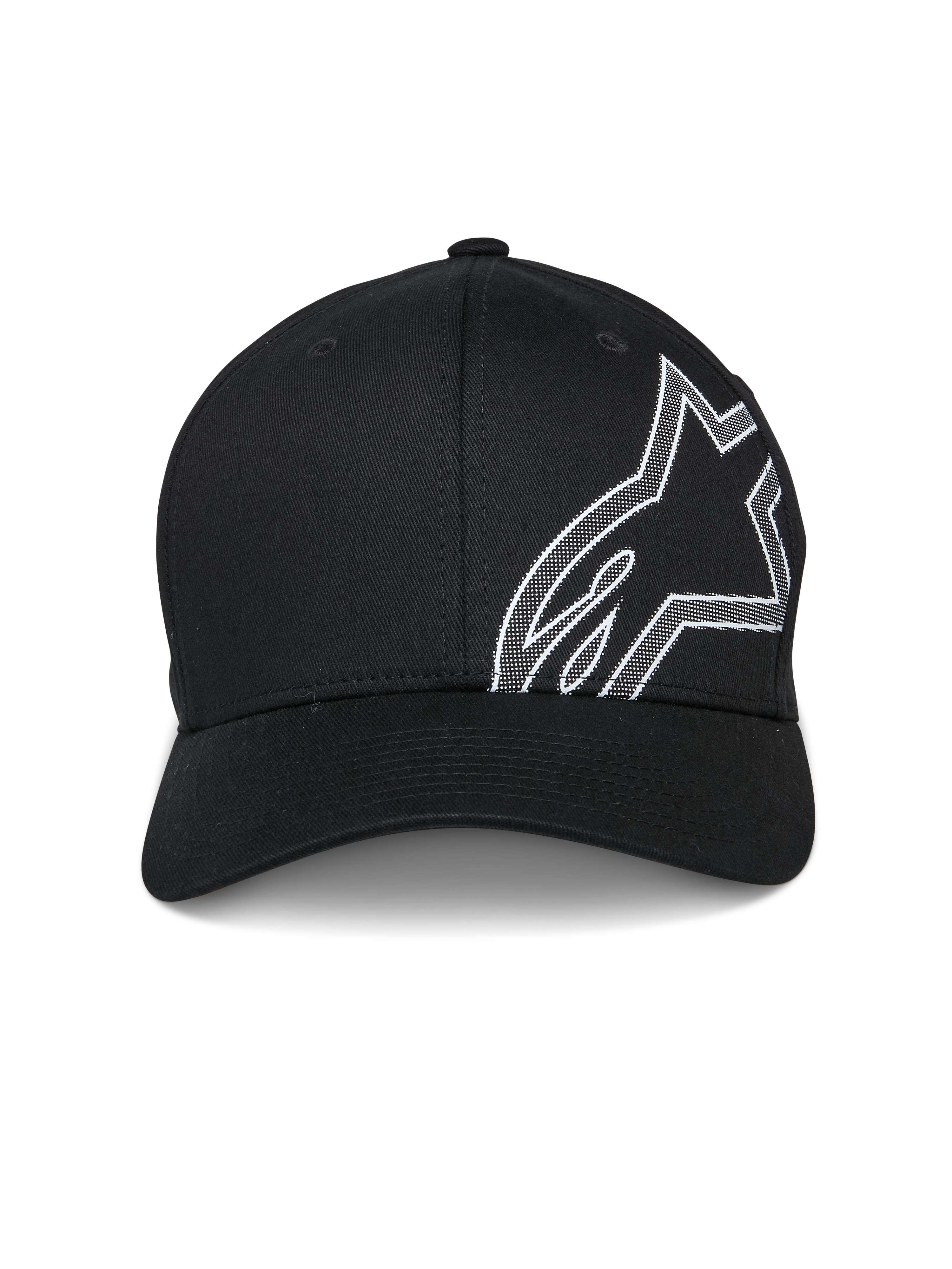 Alpinestars Share Mütze, Baseball-Cap, Schwarz, mit großem weißem HD-Puffdruck Astars-Logoumriss an der Seite, gebogener Schirm, strukturierte Krone, lässige motorsport-inspirierte Sportbekleidung