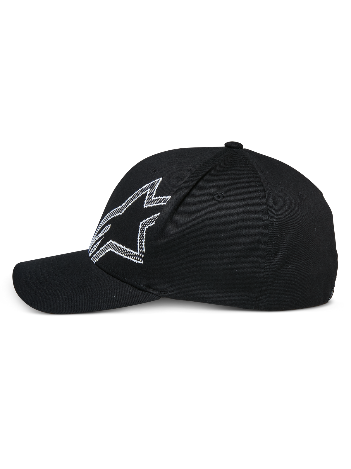 Alpinestars Share Mütze, schwarze Baseballkappe, Seitenansicht, mit großem weiß umrandetem Astars-Logo, gebogener Schirm, strukturierte Krone, lässige vom Motorsport inspirierte Kopfbedeckung