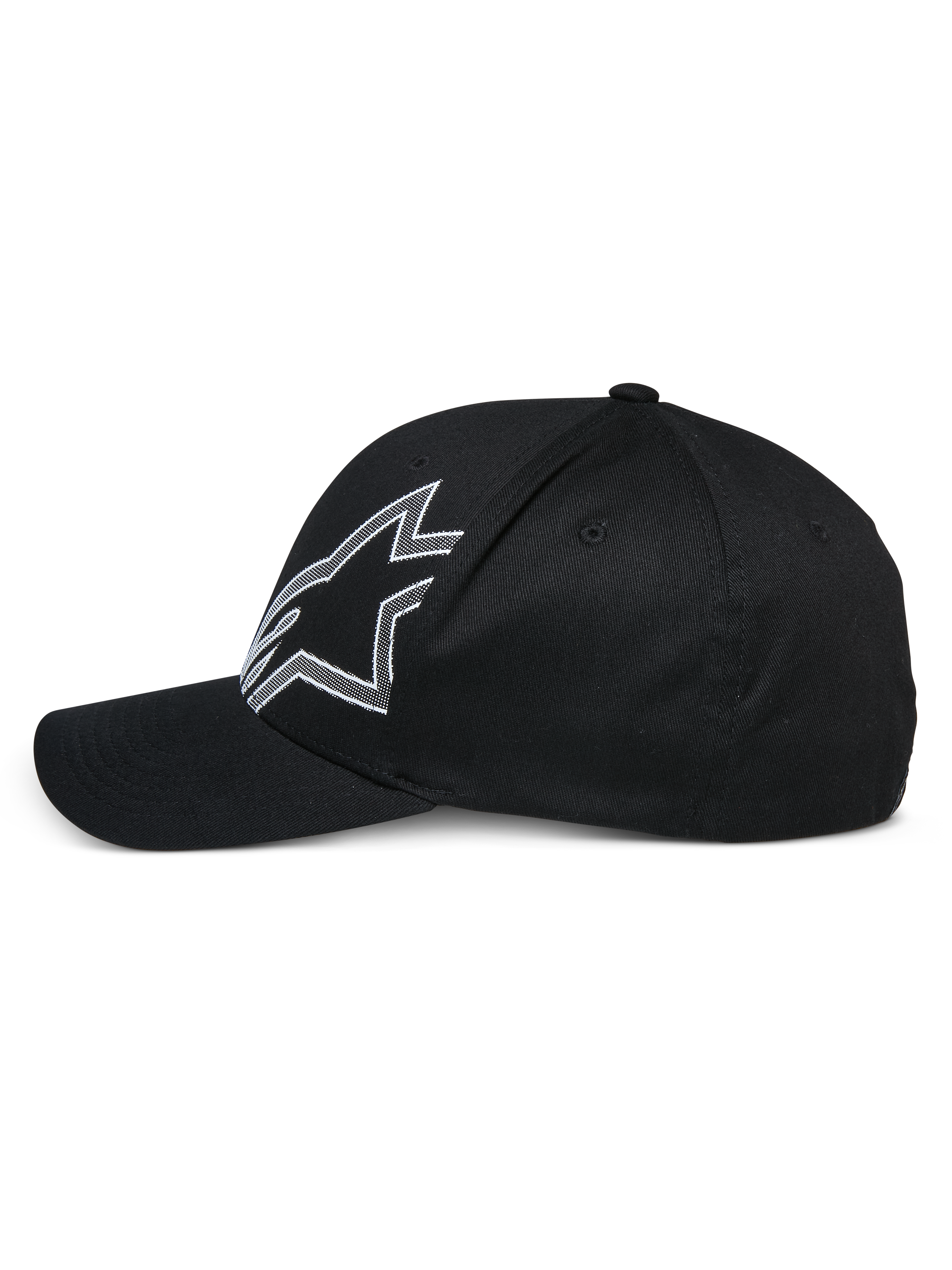 Alpinestars Share Mütze, schwarze Baseballkappe, Seitenansicht, mit großem weiß umrandetem Astars-Logo, gebogener Schirm, strukturierte Krone, lässige vom Motorsport inspirierte Kopfbedeckung