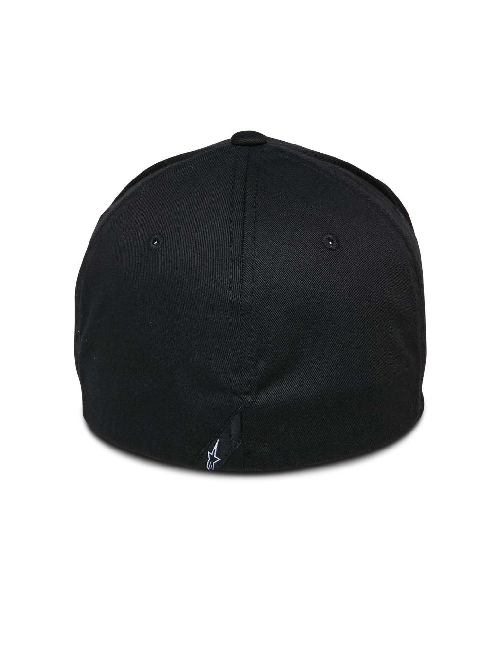 Alpinestars Share Mütze, Schwarz, Rückansicht mit geschlossener Flex-Back-Konstruktion, kleines weißes Astars-Logo an der hinteren Naht, lässige vom Motorsport inspirierte Streetwear