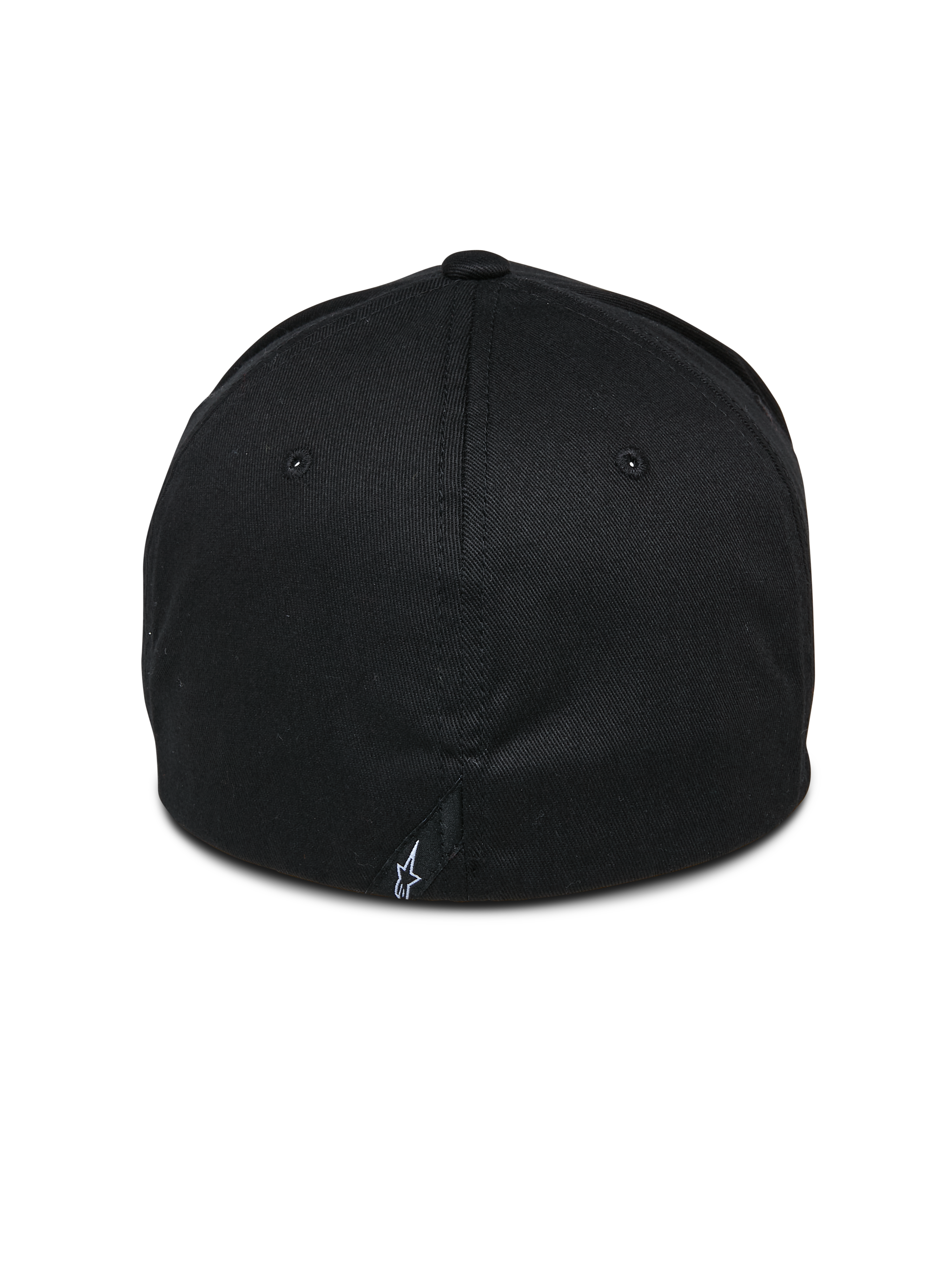 Alpinestars Share Mütze, Schwarz, Rückansicht mit geschlossener Flex-Back-Konstruktion, kleines weißes Astars-Logo an der hinteren Naht, lässige vom Motorsport inspirierte Streetwear