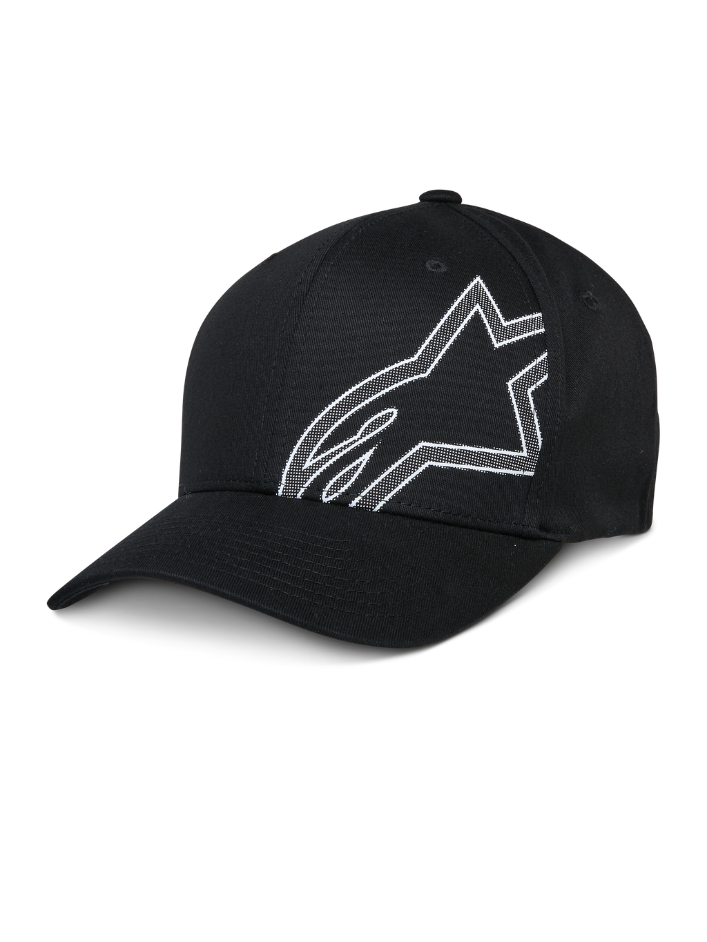 Alpinestars Share Hat, schwarze Baseball-Cap, weiß umrandetes Astars-Logo, gebogener Schirm, strukturierte Krone, lässige Sportbekleidung