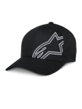 Alpinestars Share Hat, schwarze Baseball-Cap, weiß umrandetes Astars-Logo, gebogener Schirm, strukturierte Krone, lässige Sportbekleidung