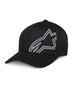Alpinestars Share Hat, schwarze Baseball-Cap, weiß umrandetes Astars-Logo, gebogener Schirm, strukturierte Krone, lässige Sportbekleidung