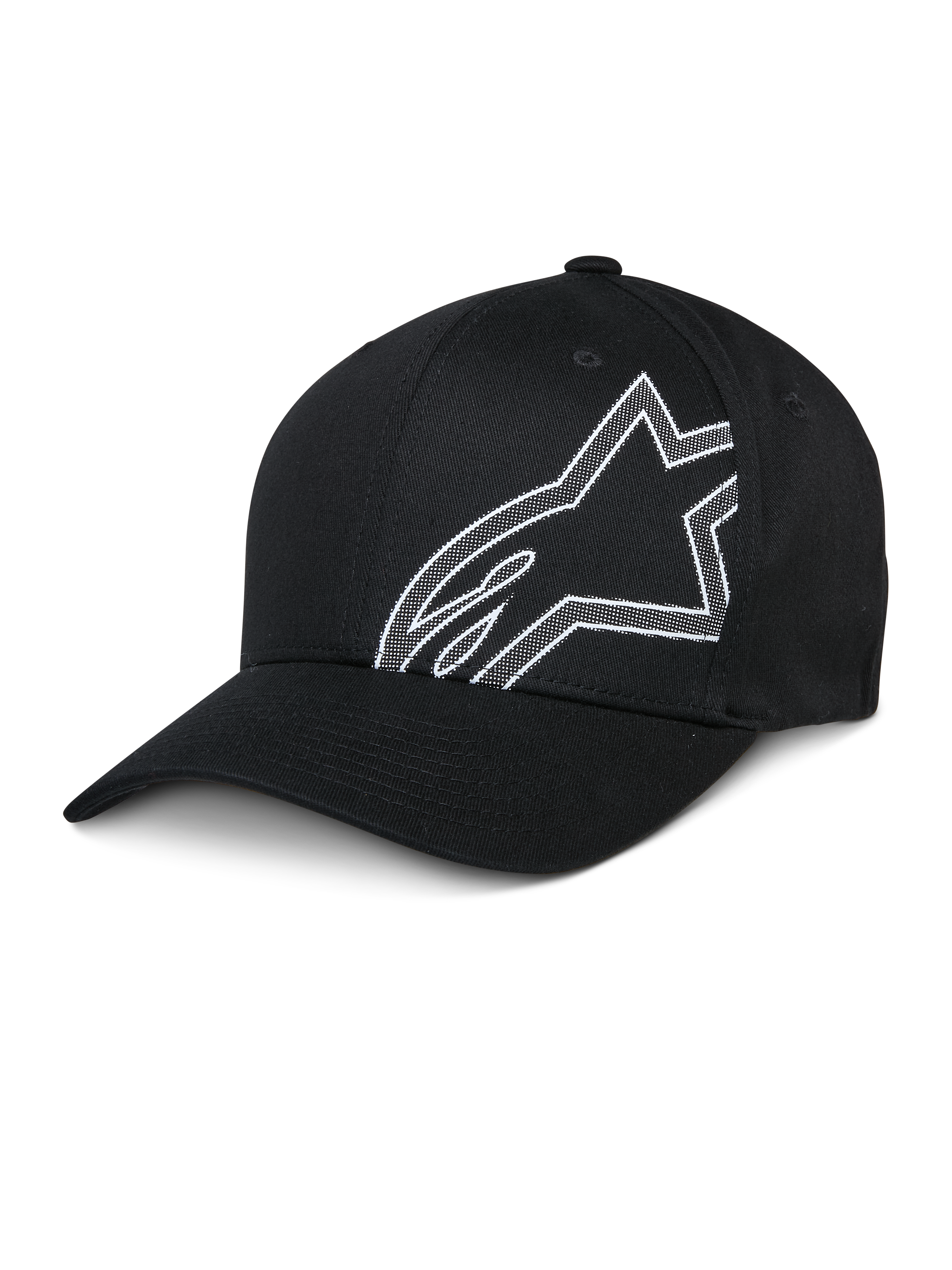 Alpinestars Share Hat, schwarze Baseball-Cap, weiß umrandetes Astars-Logo, gebogener Schirm, strukturierte Krone, lässige Sportbekleidung