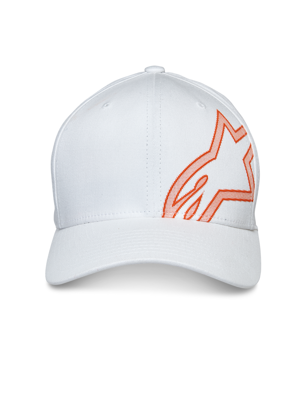 Alpinestars Share Hat, Baseball-Cap, Weiß, mit großem orangefarbenem HD-Puffdruck-Astars-Logo an der Seite, gebogener Schirm mit strukturierter Krone, lässige Motorsport-Kopfbedeckung